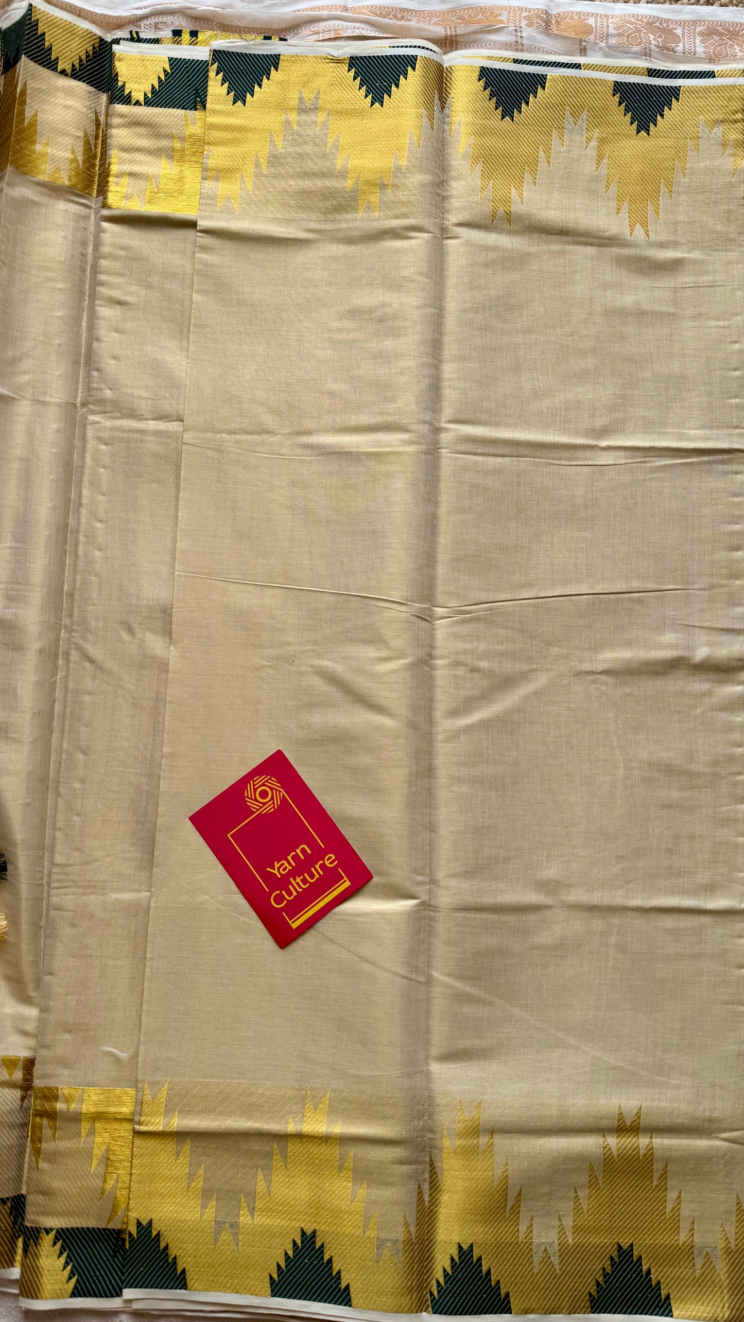 Ivory and gold kerala kasavu saree, dark green temple border - YCIEON47