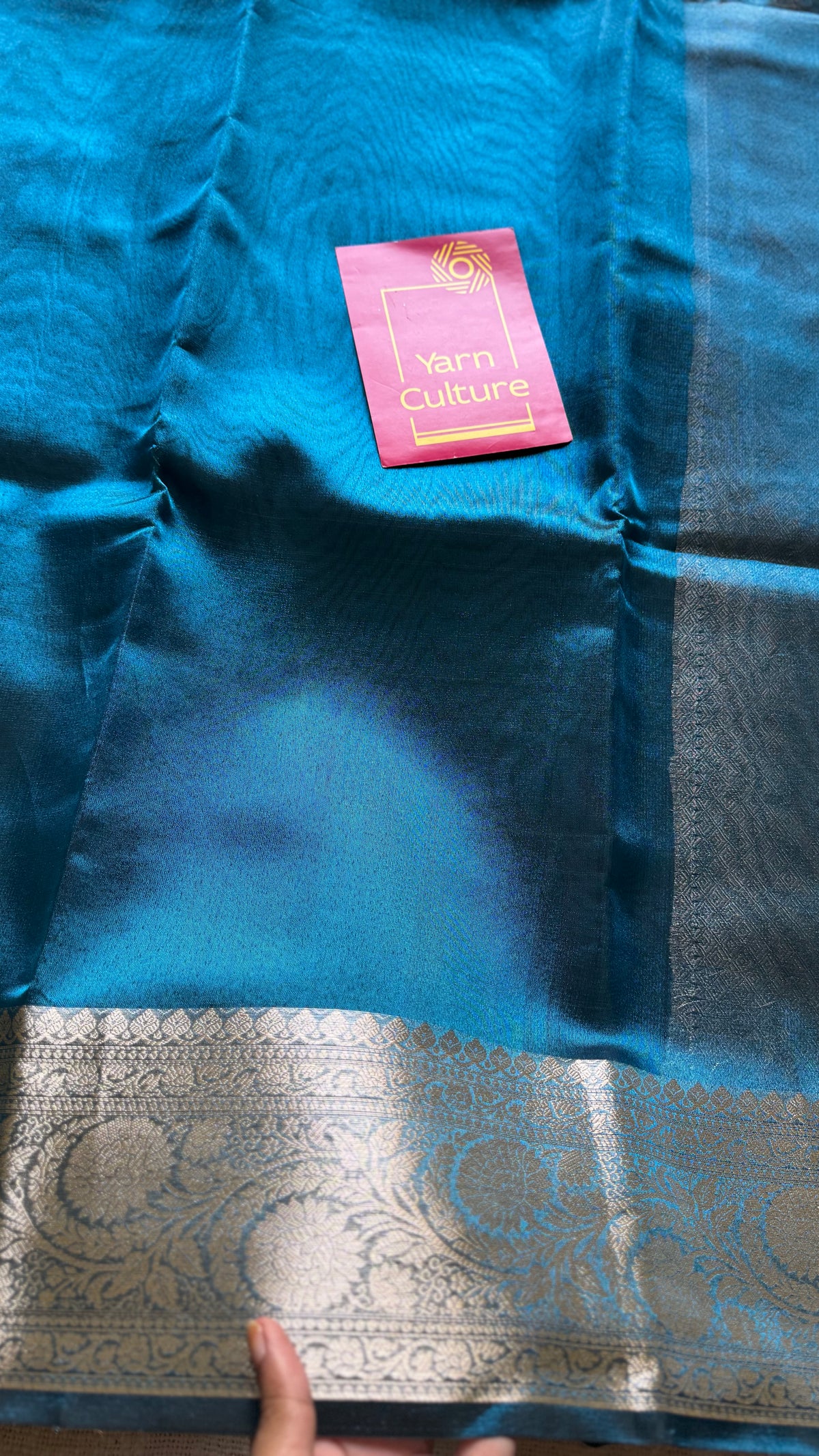 Peacock blue tissue Banarasi saree with zari border - YCBLTOC86