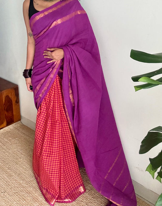 Purple with orange and magenta, sungudi and chettinad cotton half-half saree - YCCOTNIDOC37