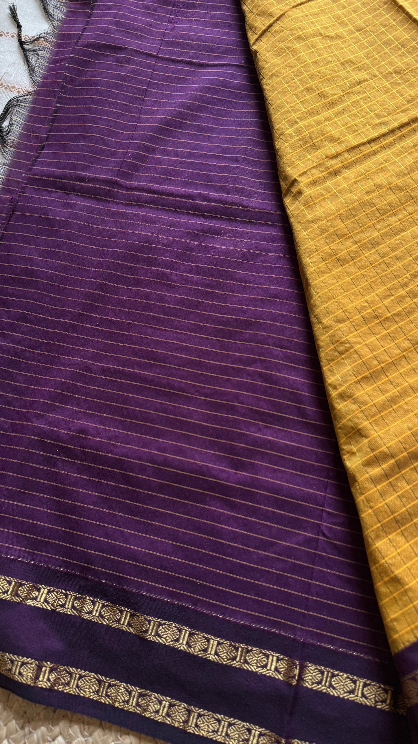 Yellow with wine contrast arani checkered saree, cotton silk - YCCOTNMA278