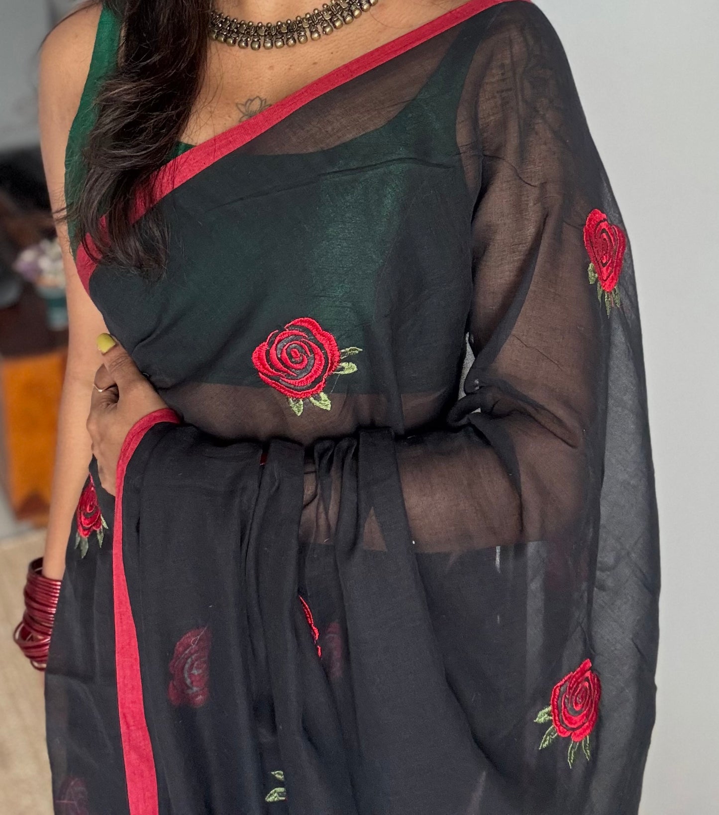 Black mul with red rose thread embroidery - YCBCMCNO69