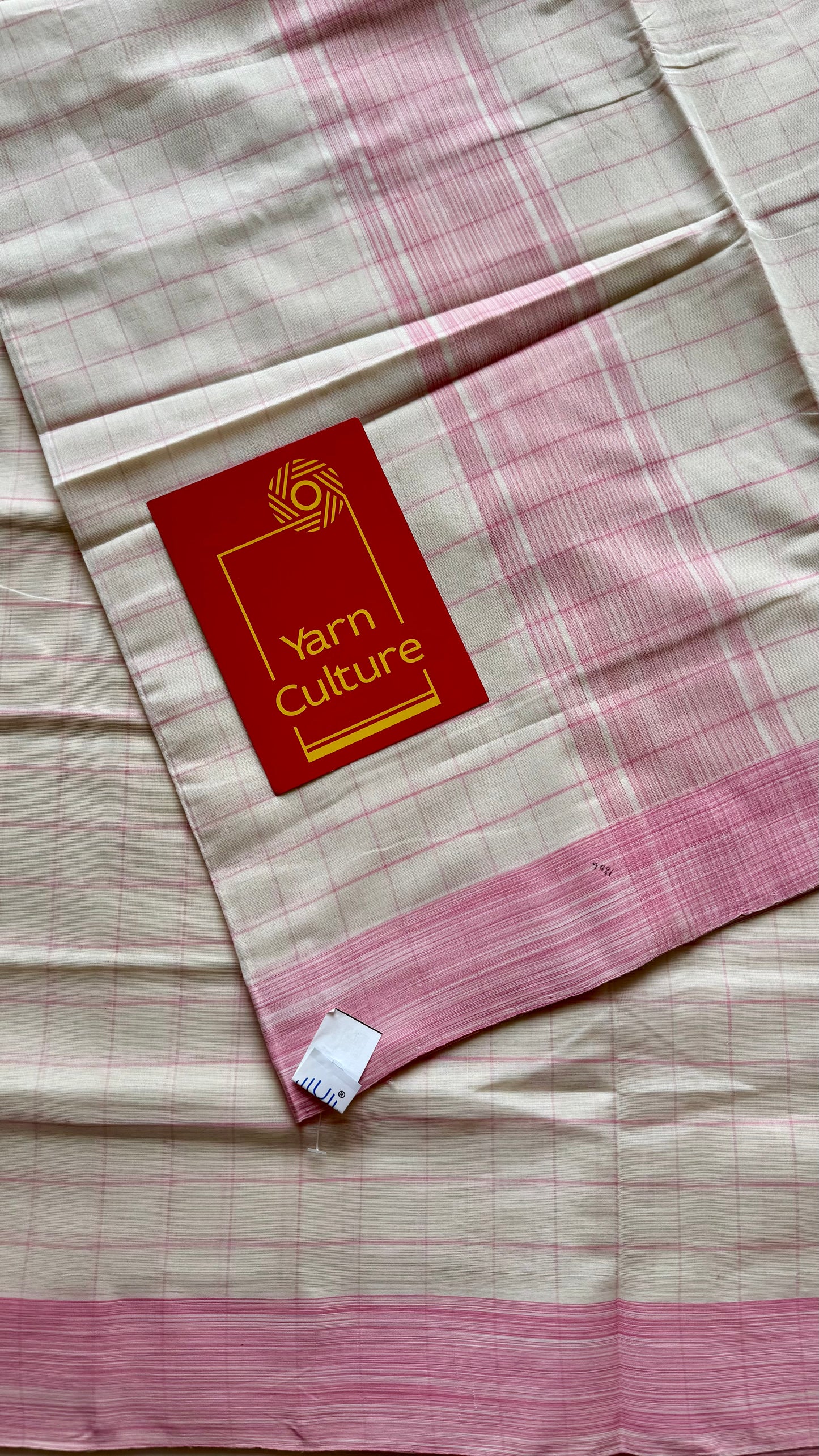 Handloom, woven in Chendamangalam Looms, ivory with pink checks, soft cotton saree - YCIEON150