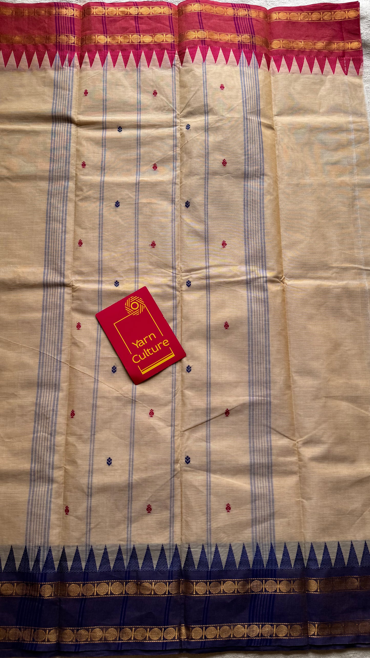 Kanchi cotton saree, cream with light red and violet dual border - YCCOTNAP99