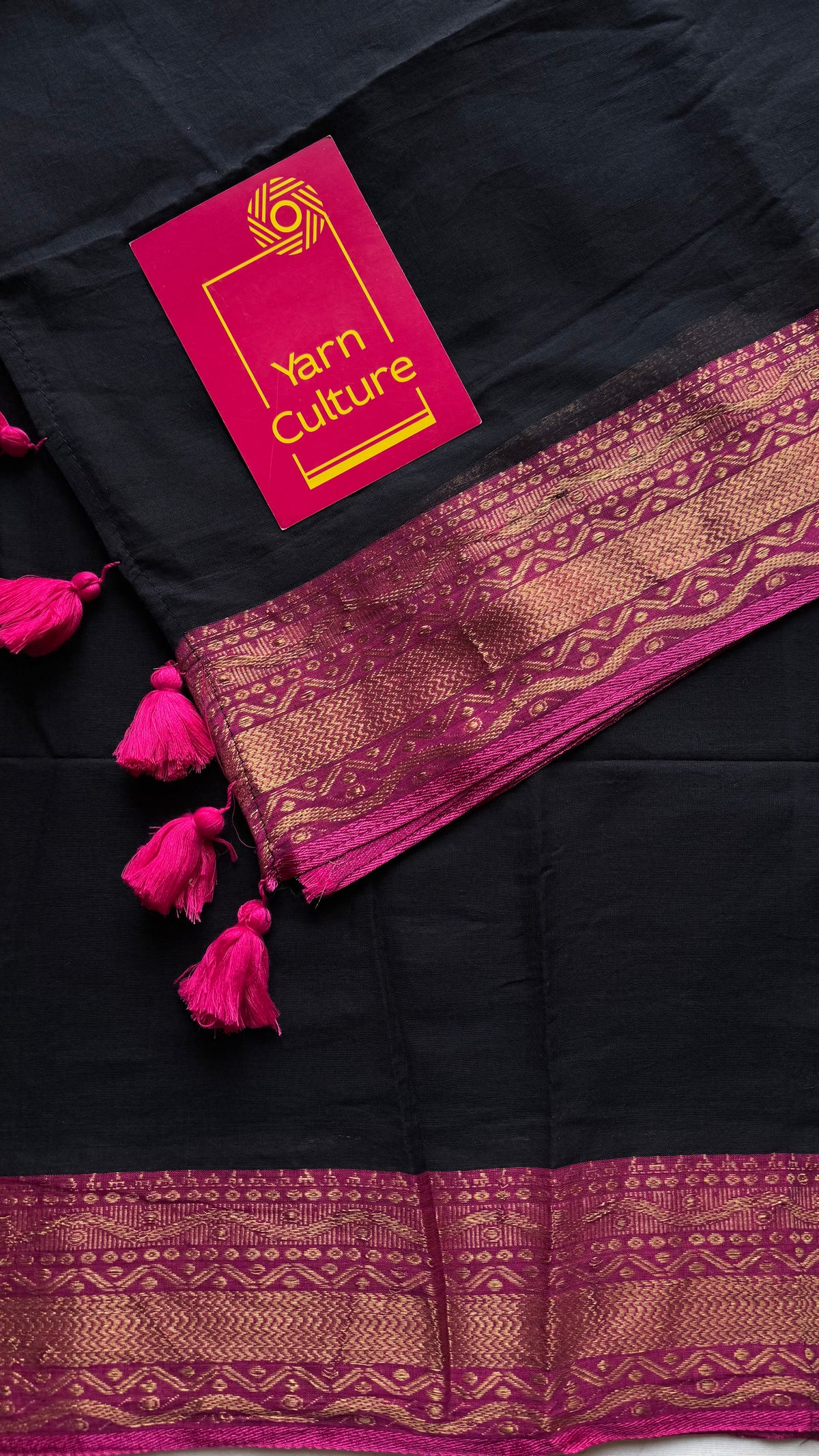 Black mul cotton saree with magenta kanchi inspired zari border - YCBCMCSE28