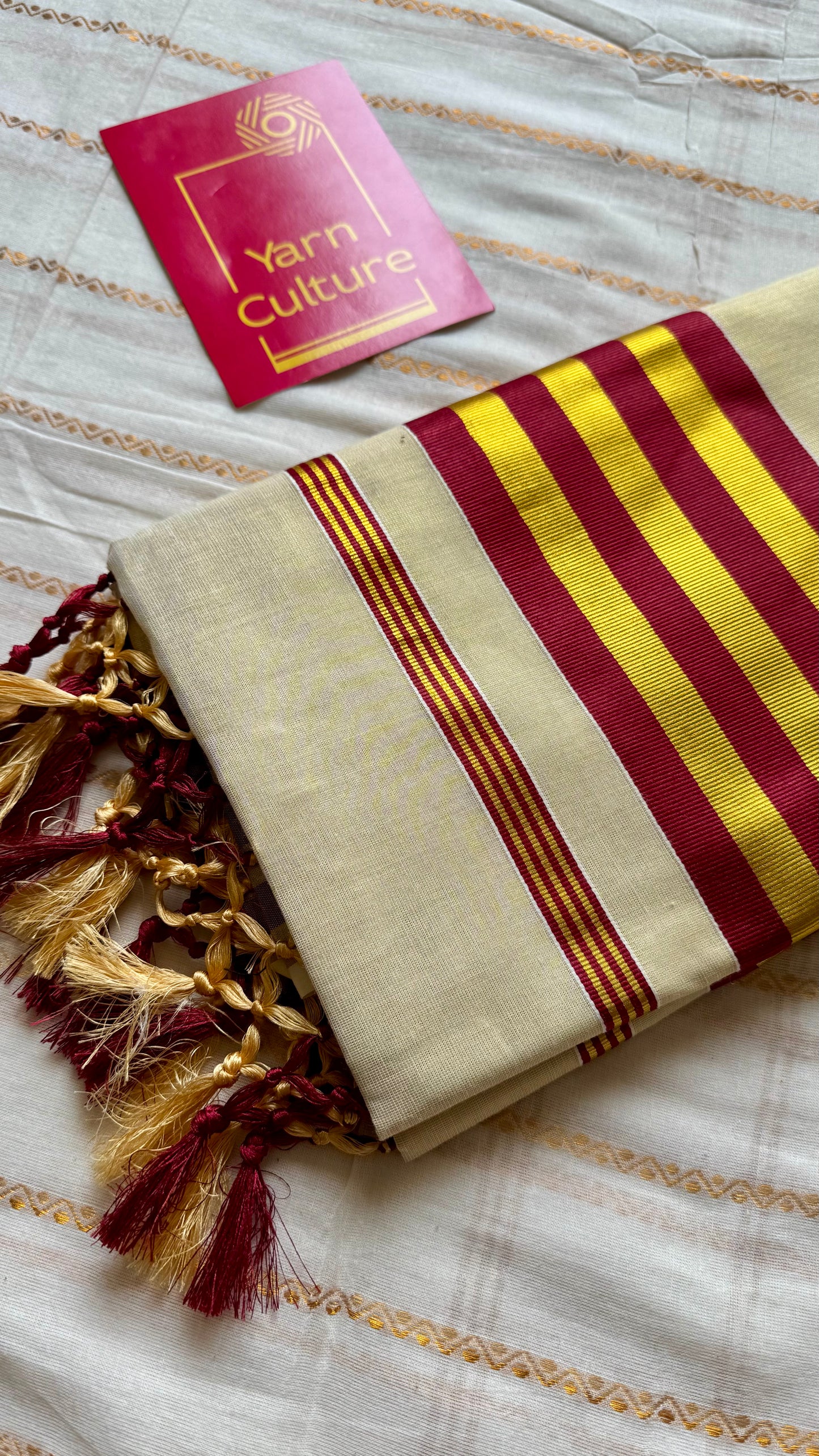 Ivory and gold soft tissue cotton saree, maroon border - YCIEON67
