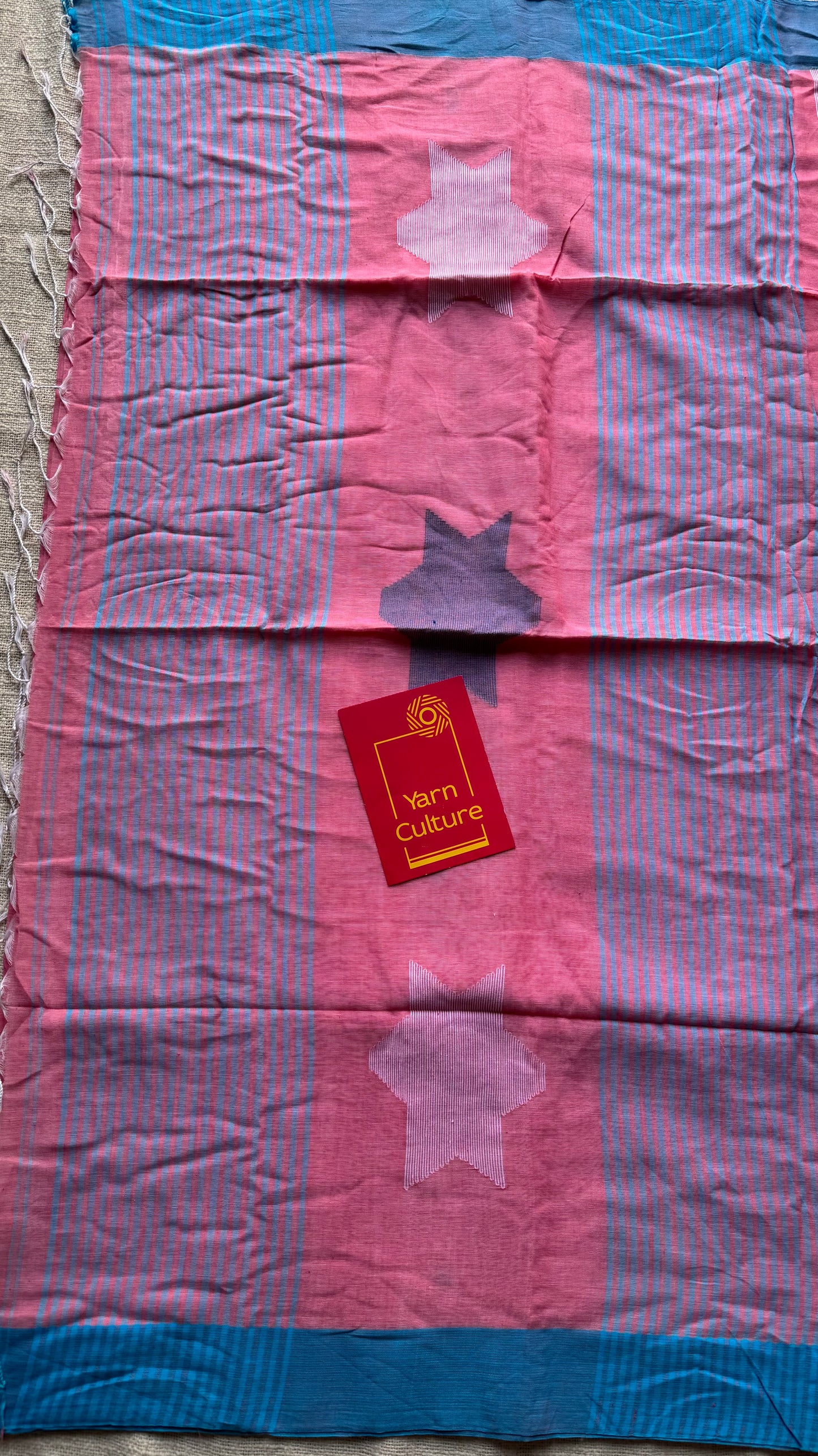 Peach pink with blue borders, temple motif woven threadwork, soft cotton - YCBCMKCDE31