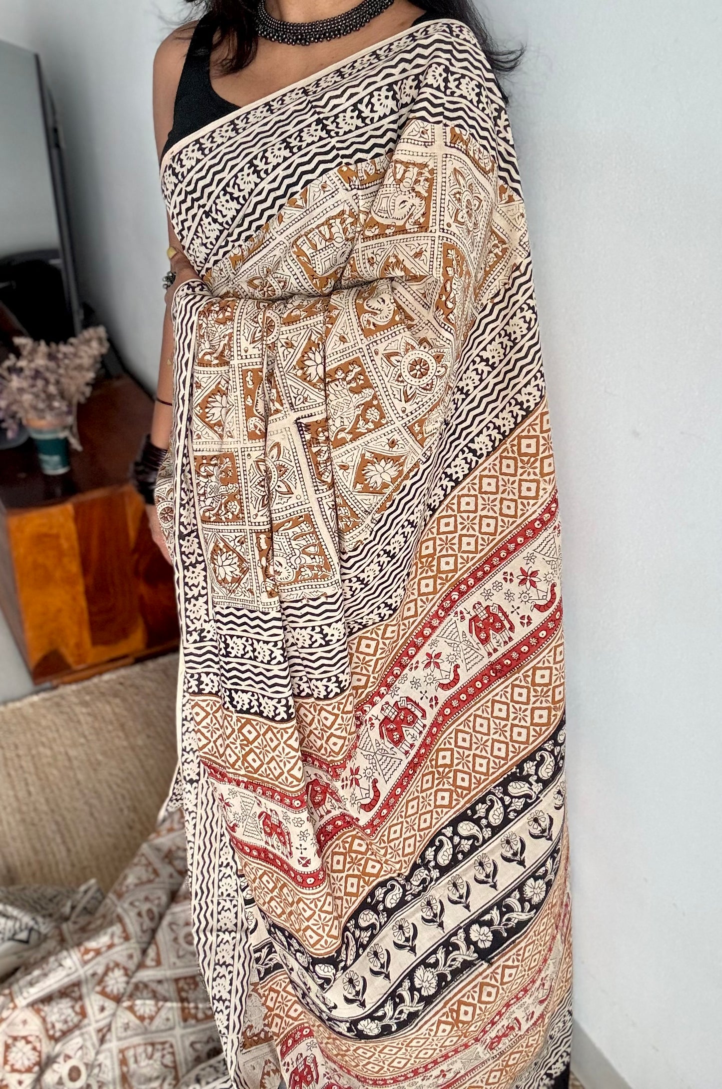 Katha - elephants, florals, and geometric tales block printed on earthy brown, soft cotton - YCWOTDNOBP92