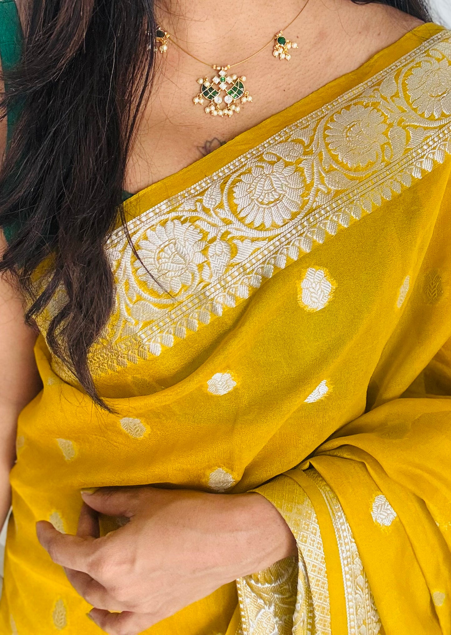 Invisible neckchain with jadau kundan stones & pearl hangings - green, white - YCGPNP693