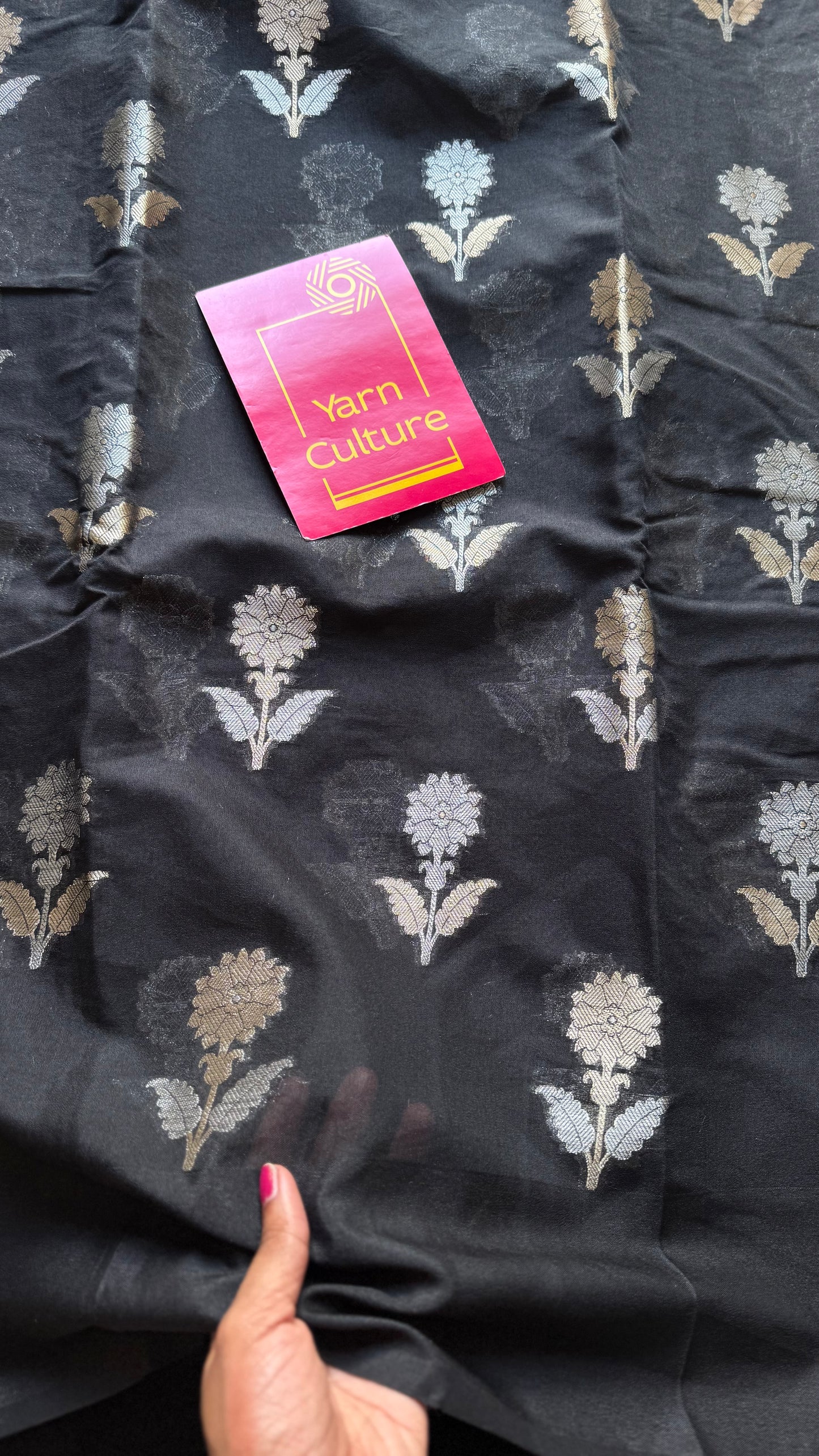 Black with gold and silver floral buttas, Banarasi semi-crepe silk - YCDESE49