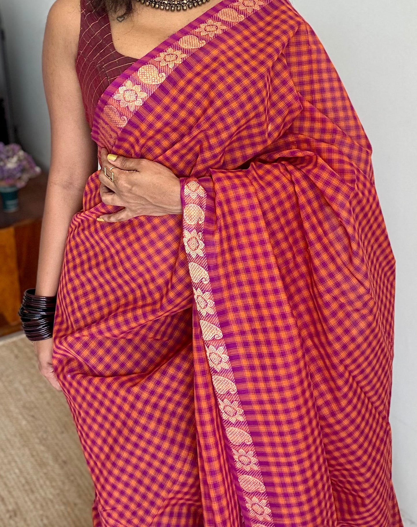 Magenta Chettinad cotton saree with orange checks - YCCOTNCCFE146