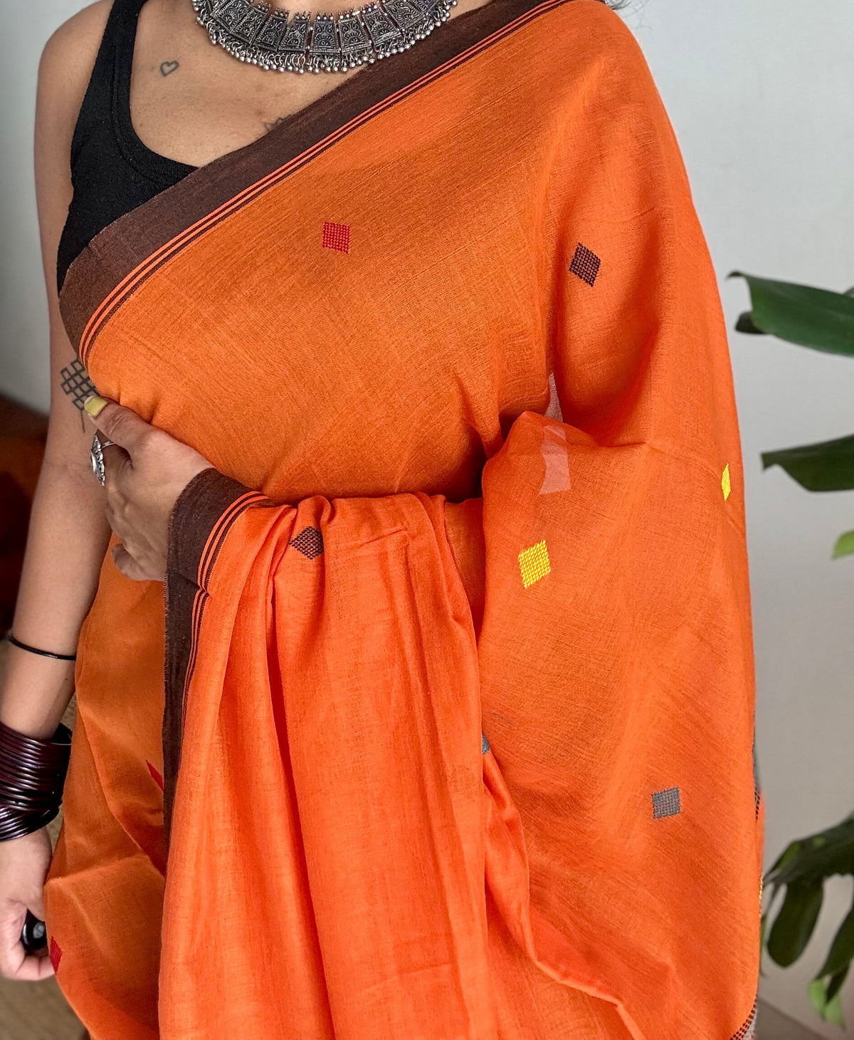 Handloom Bengal soft cotton saree, orange with woven buttas and brown borders - YCBCMCSE36