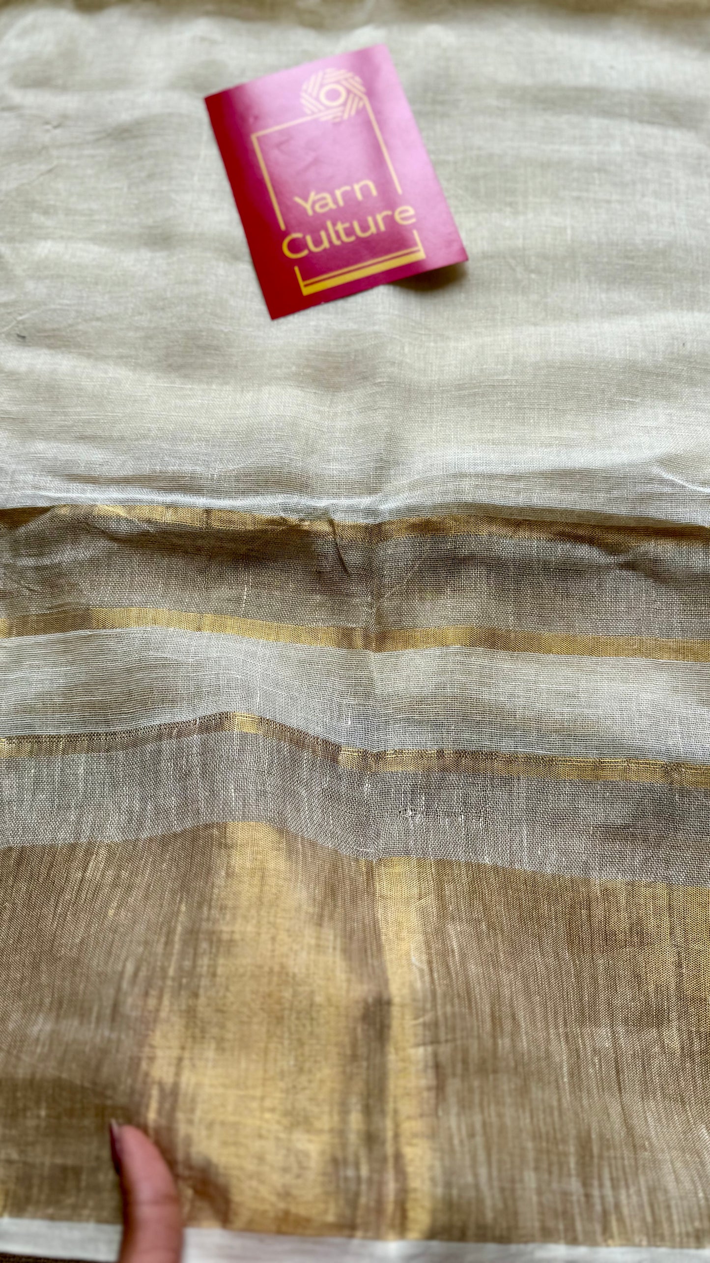 Pure ivory linen, gold and silver zari border - YCIEON27