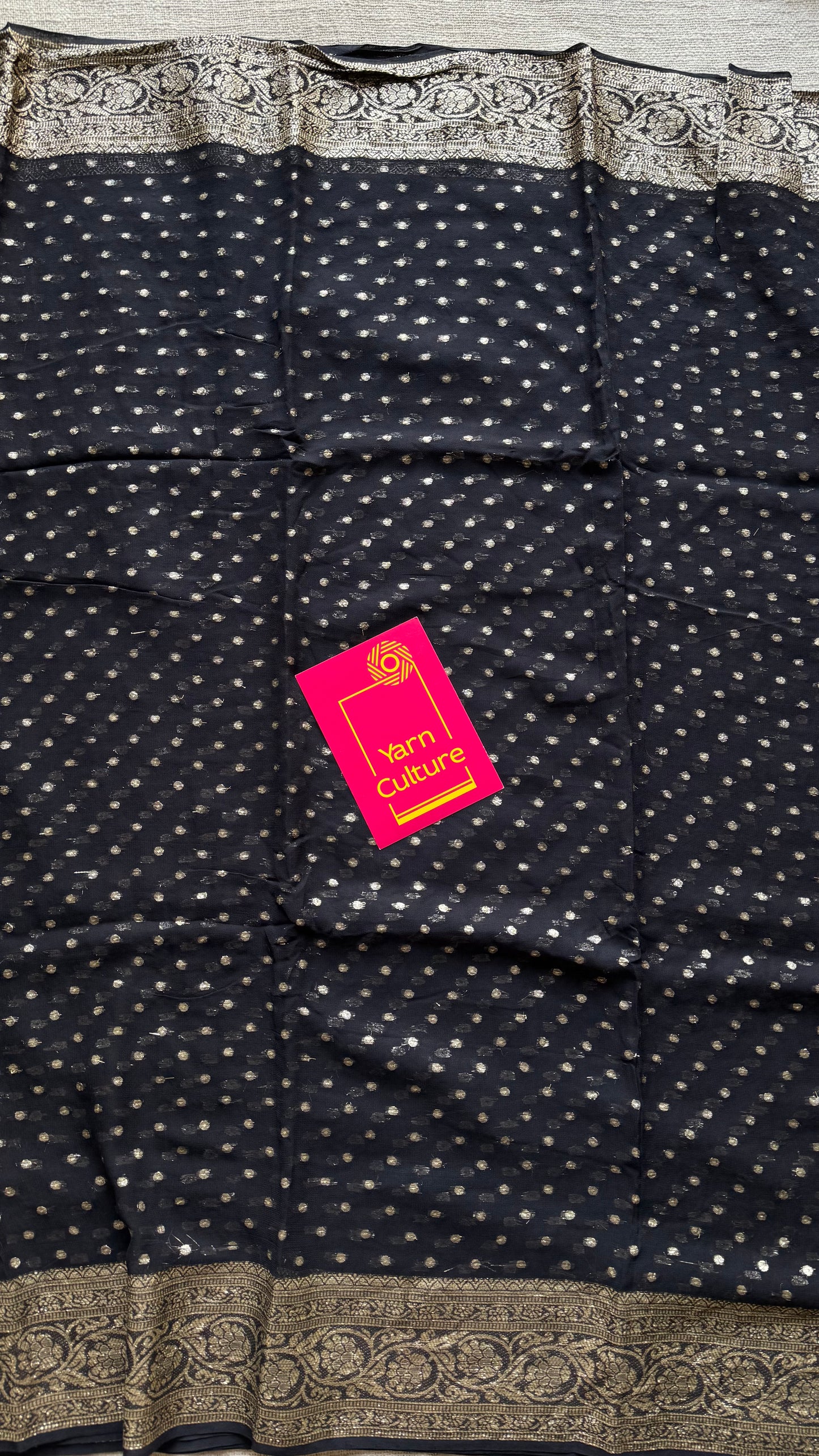 Black viscose georgette saree with zari motifs - YCDOSFE206