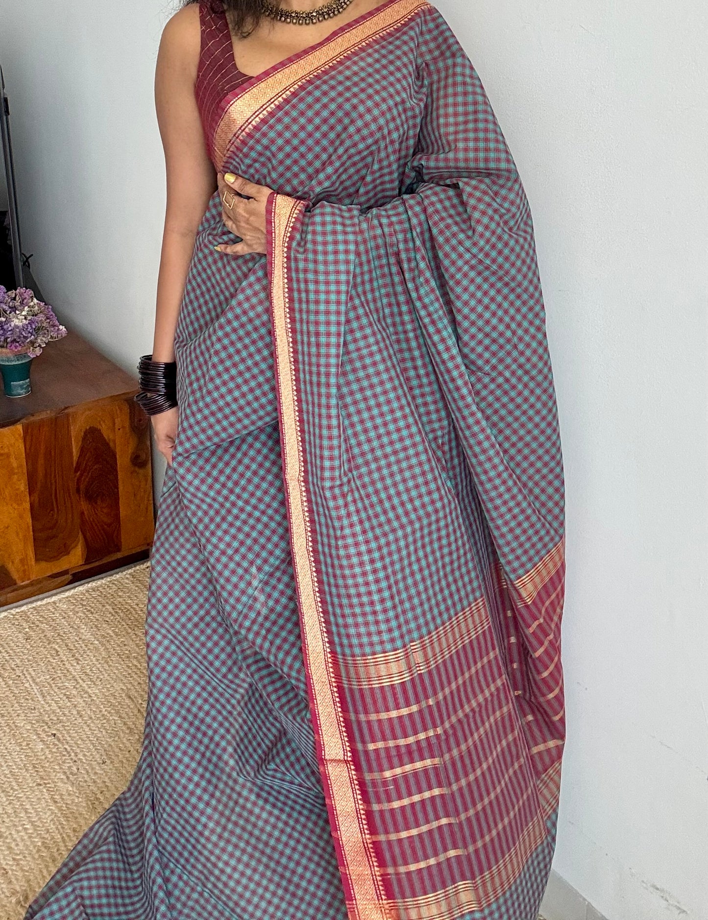 Blue Chettinad cotton saree with maroon checks - YCCOTNCCFE145