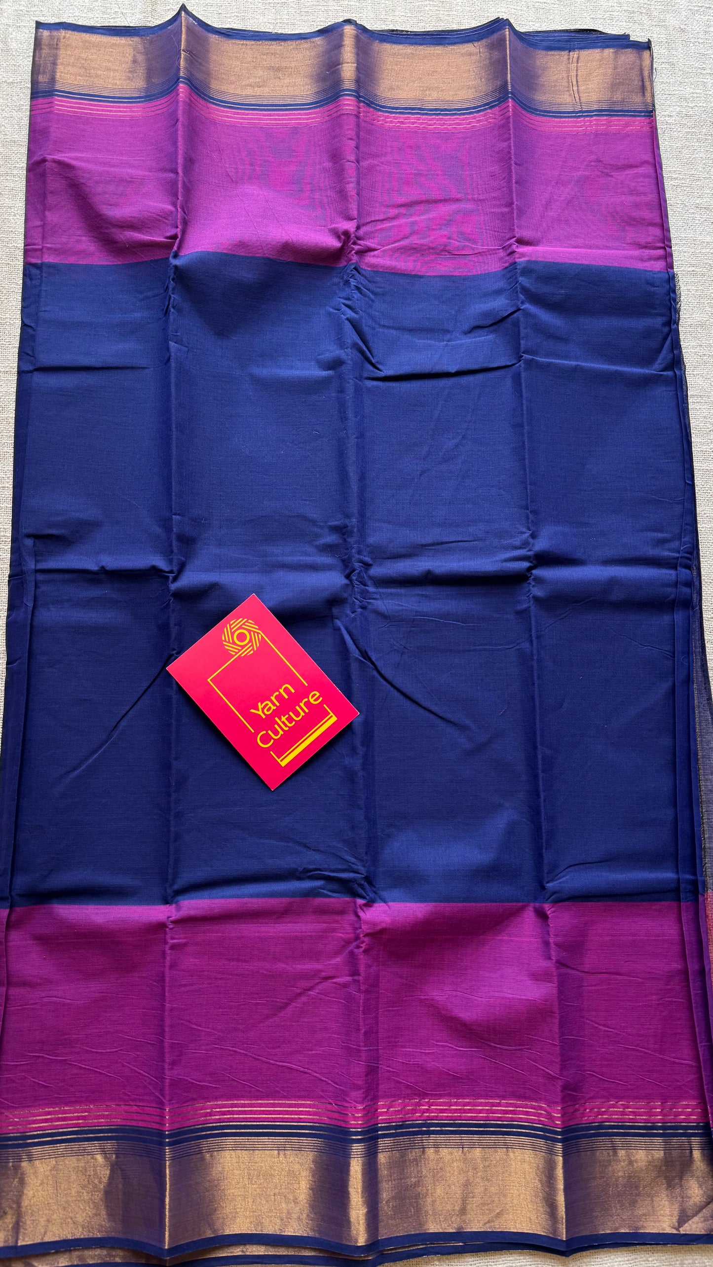 Dark blue and magenta Chettinad cotton saree with antique gold zari border - YCCOTNCCFE154