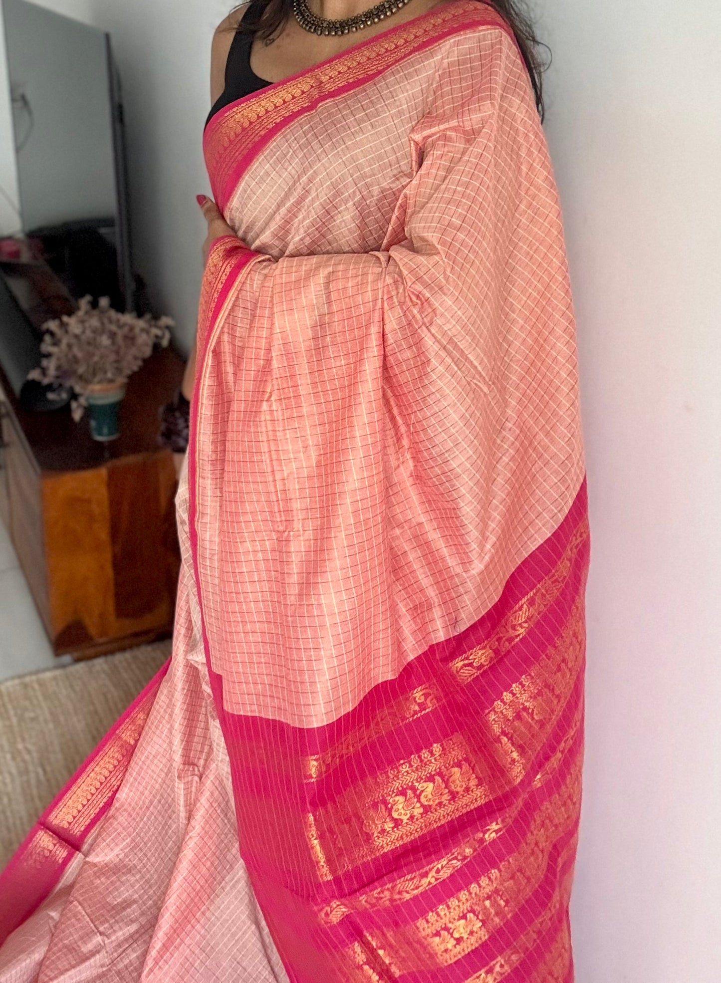 Salmon pink with hot pink, checks - cotton silk - YCCOTNOCKC40