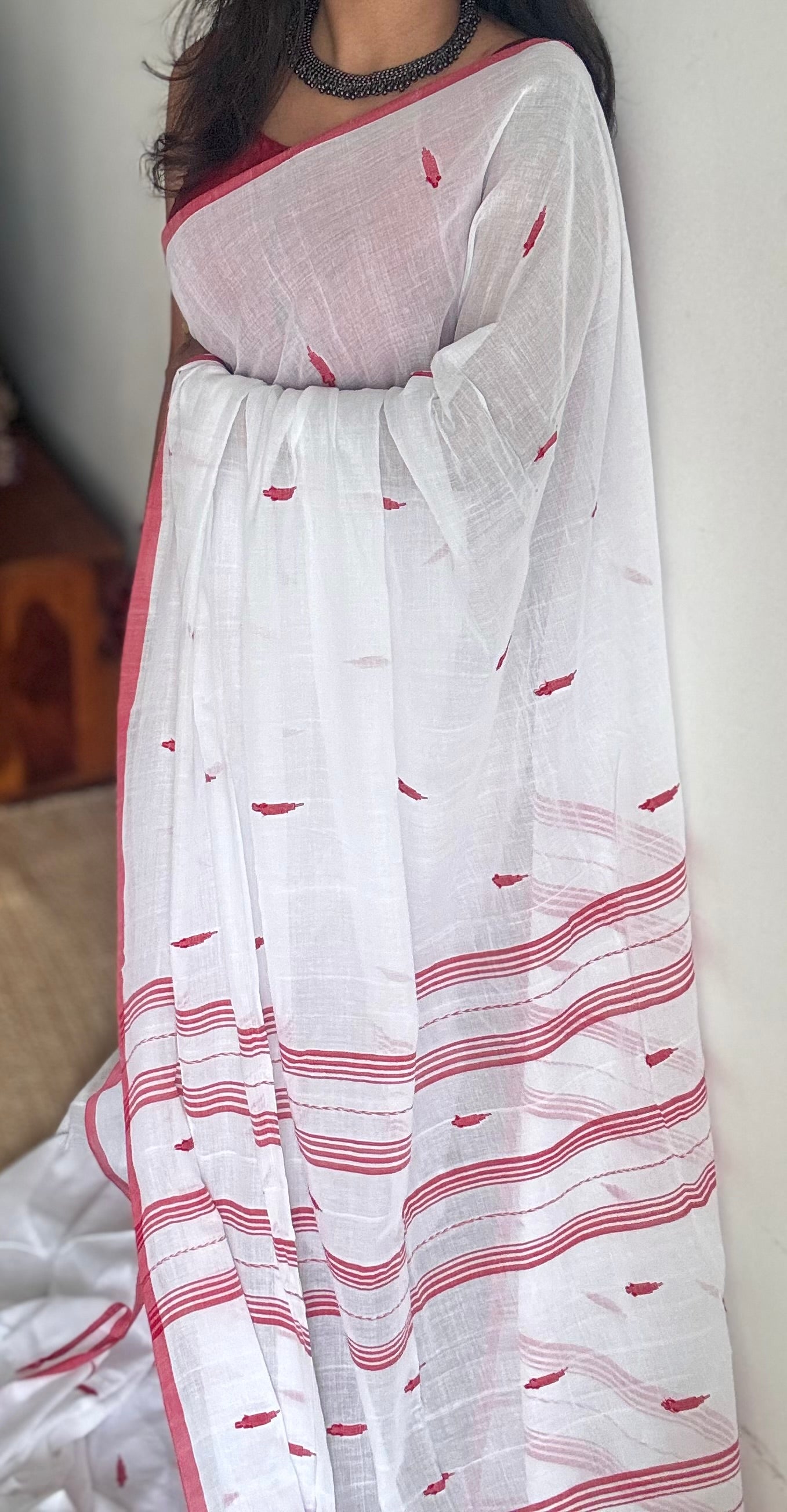White with red border, jamdani motifs, mul cotton - YCBCDP13