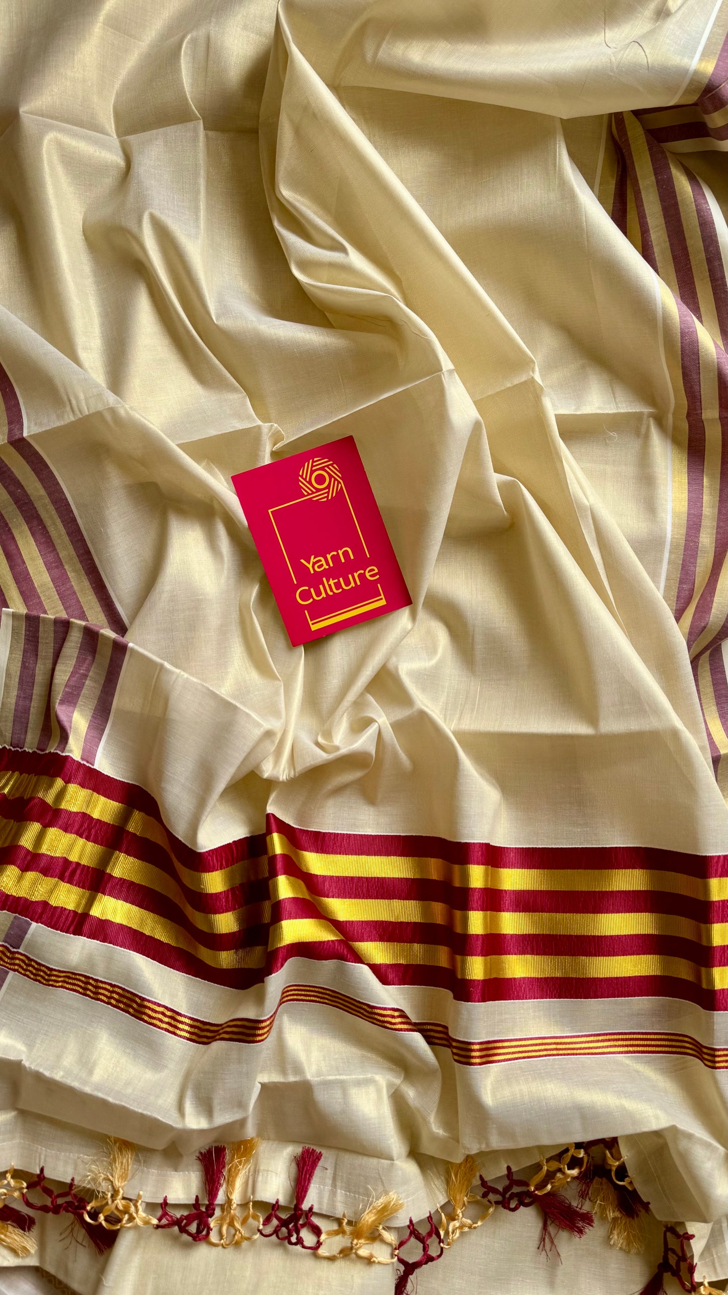 Ivory and gold soft tissue cotton saree, maroon border - YCIEON67
