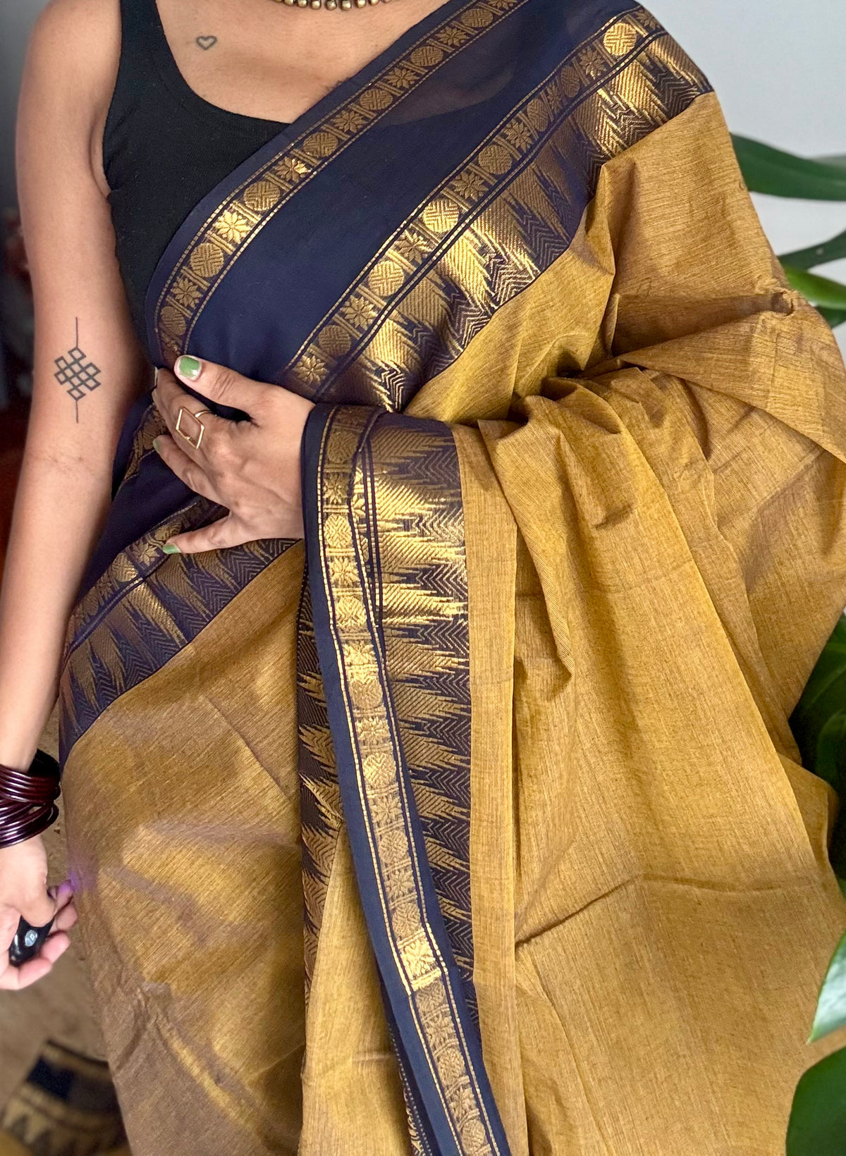 Mustard yellow with black gap zari border, kanchi cotton saree - YCCOTNCCOC118