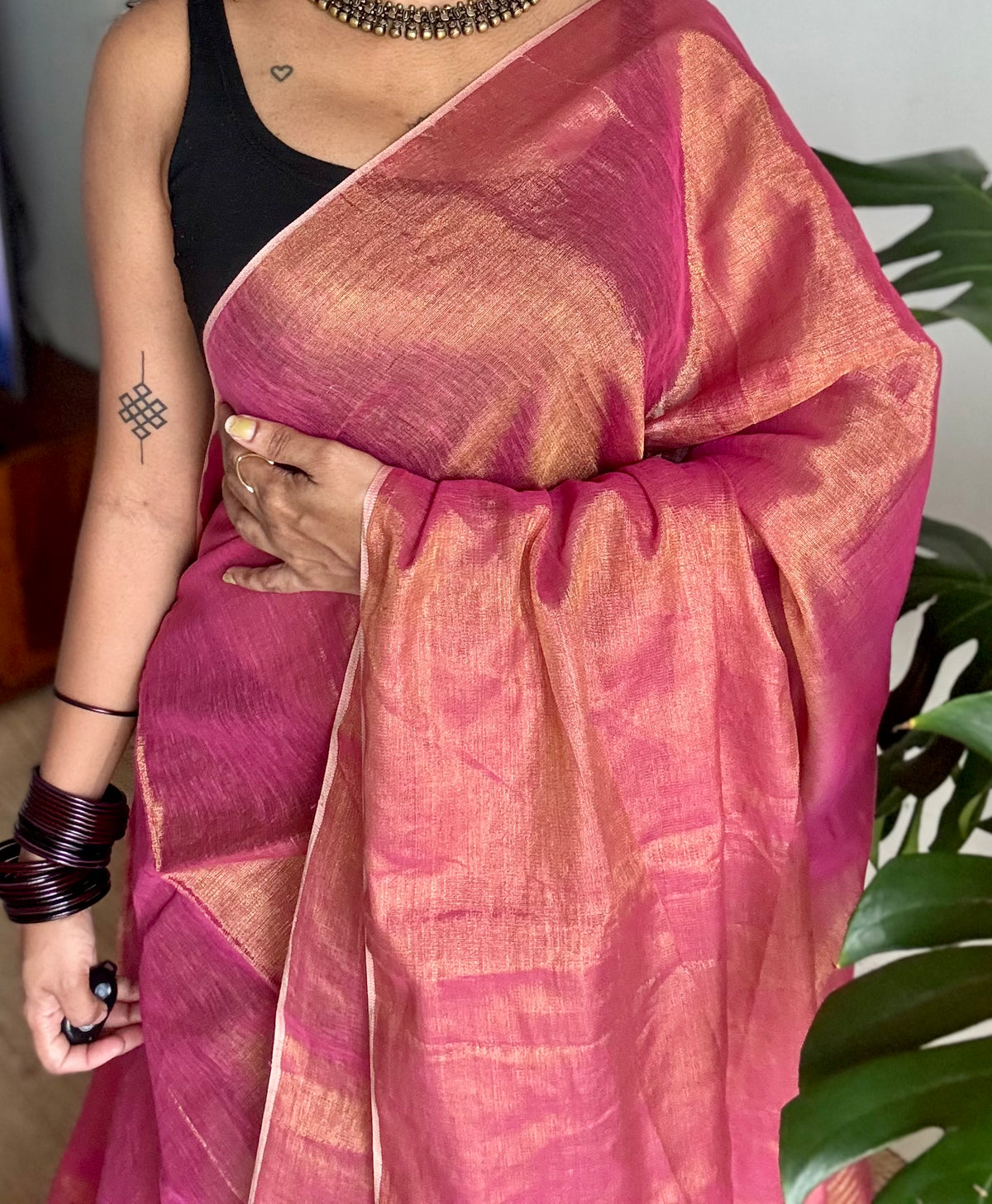 Rani pink with gold, dual tone metallic tissue linen saree - YCBCLTOC55