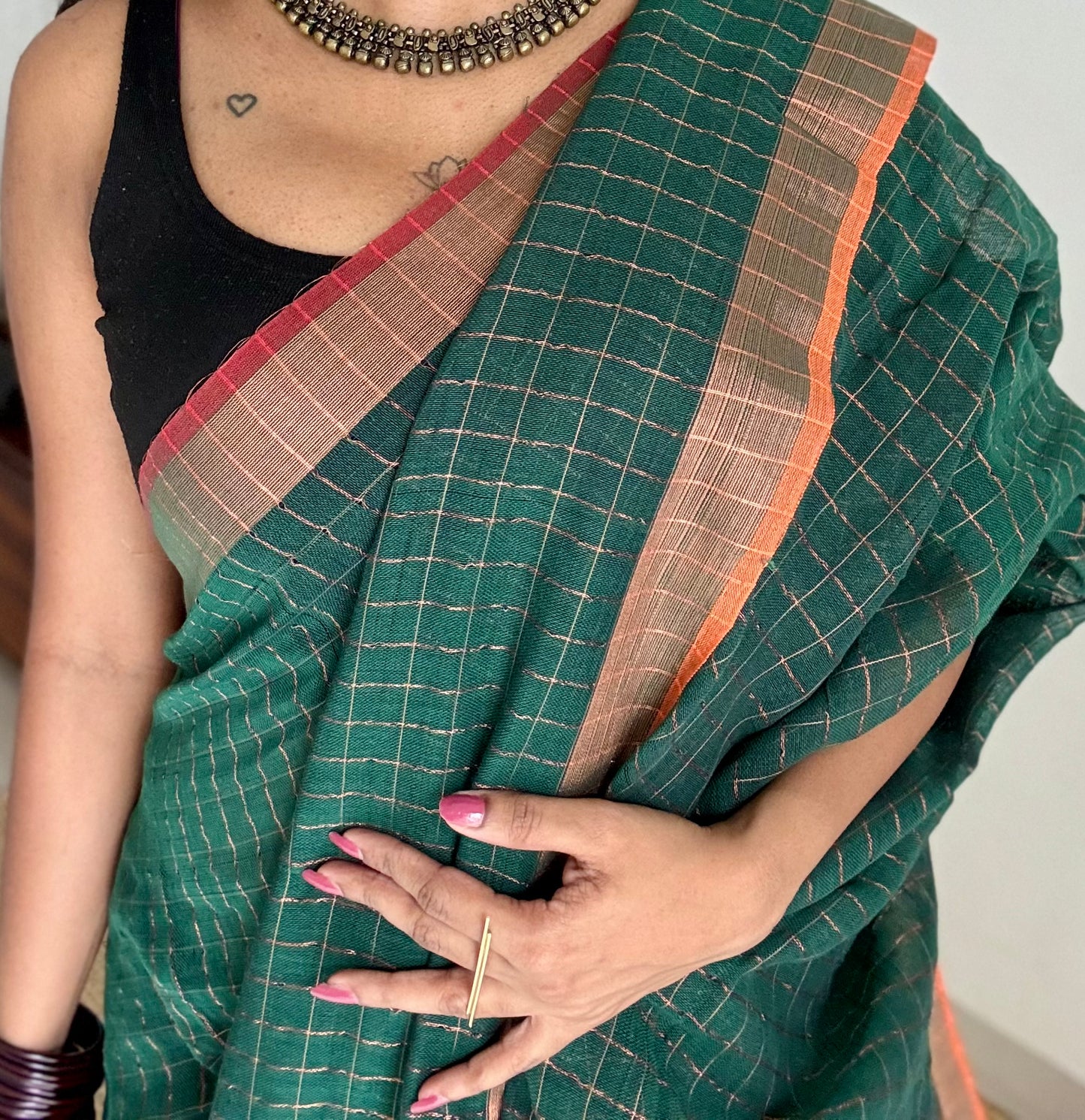 Green linen by cotton saree, gold checks & copper zari pallu - YCBCLCAP56b