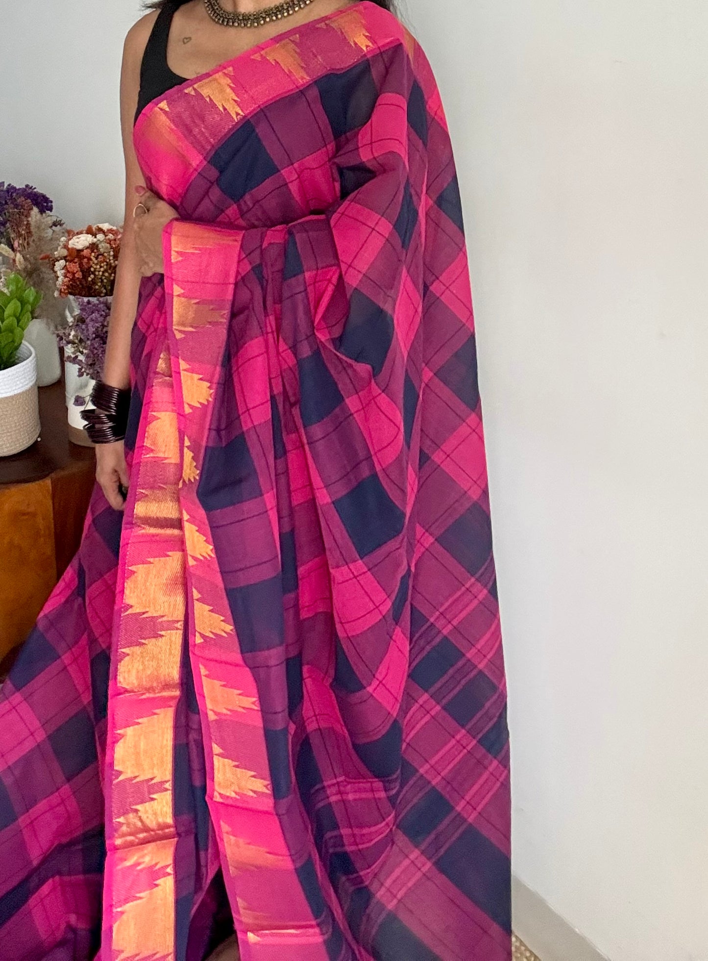 Chettinad cotton saree with pink and navy checks, temple motif border - YCCOTNAP58