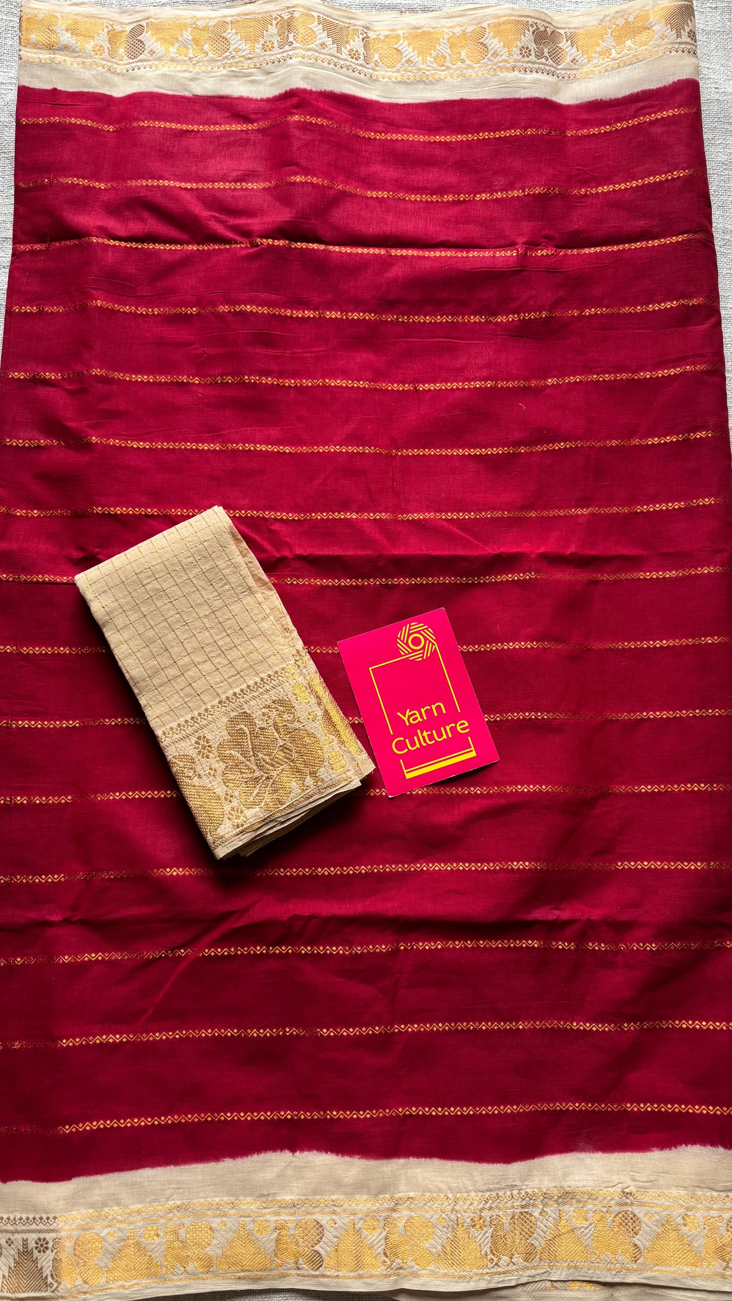 Red with cream veldhaari, kattuchayam dyed, madurai cotton - YCCOTNSEMS91