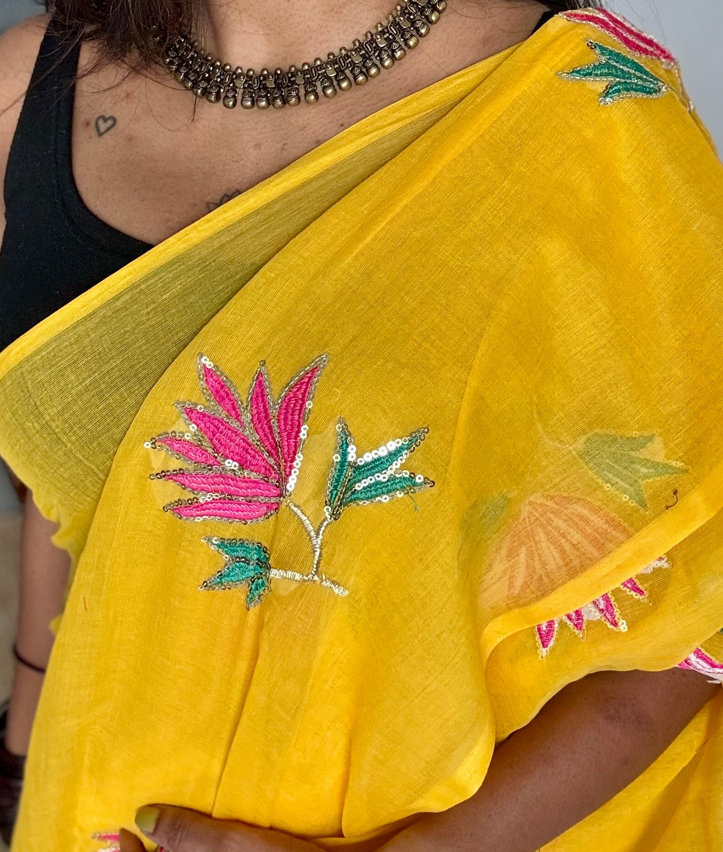 Yellow mul with lotus sequin embroidery - YCBCMCDE16