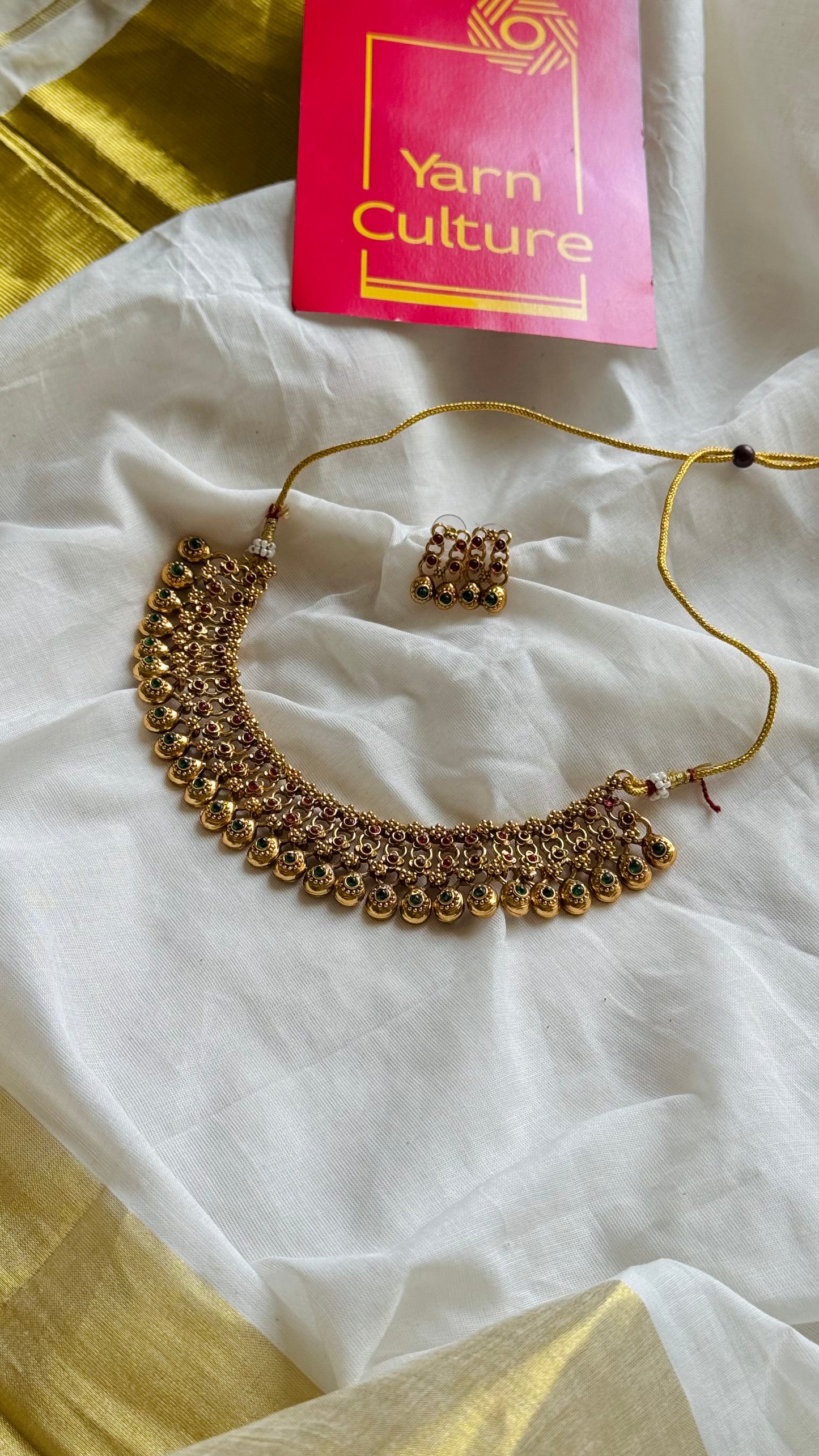 Three layered neckpiece, red and green beads, with earrings - YCGPNP740