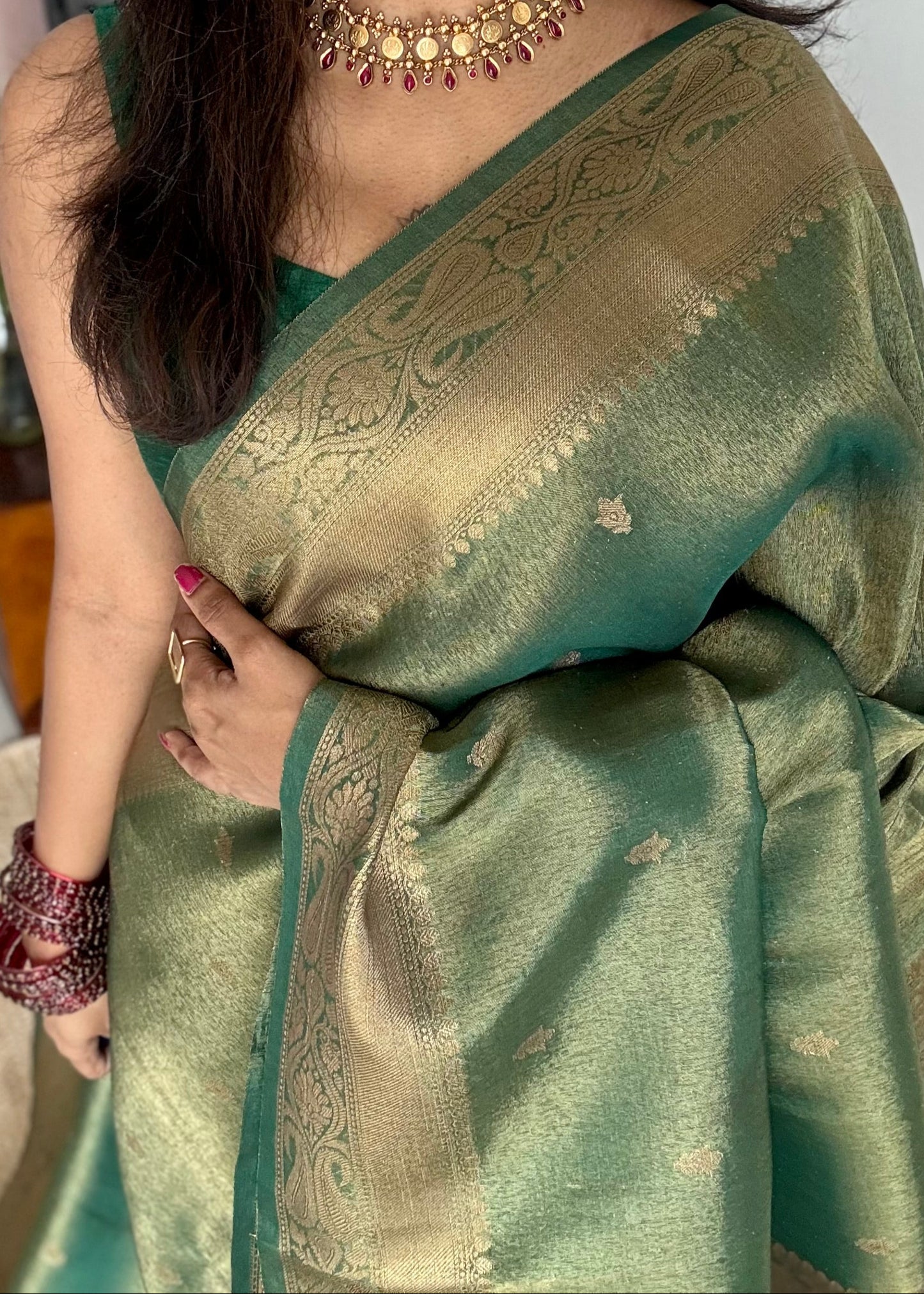 Green with gold dual tone, Banarasi semi-silk - YCDESE07
