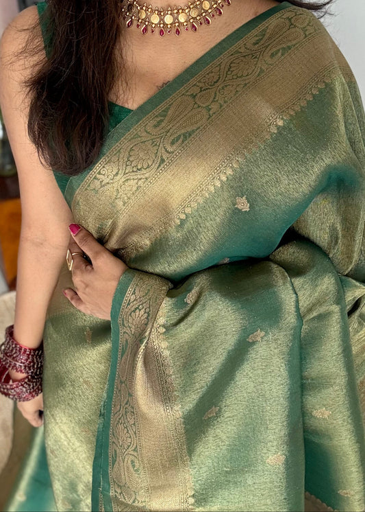 Green with gold dual tone, Banarasi semi-silk - YCDESE07