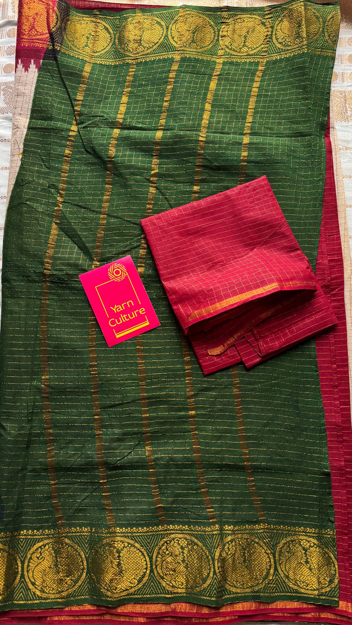 Cream with red and green, sungudi cotton half-half saree - YCCOTNIDOC11