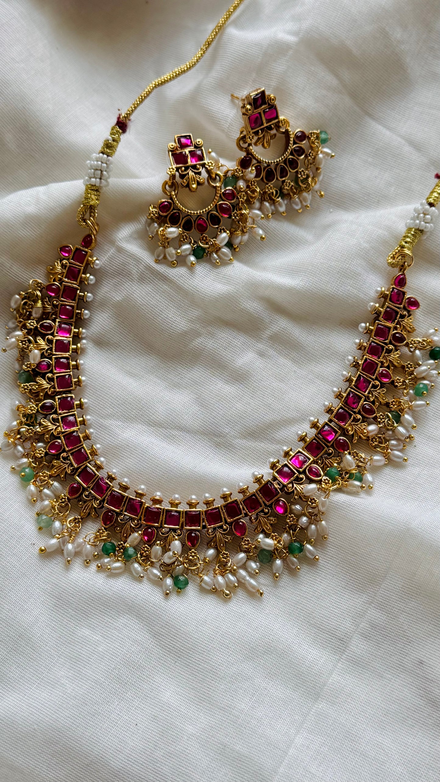 Ruby green necklace with rice pearl drops, with earrings - YCGPNP735