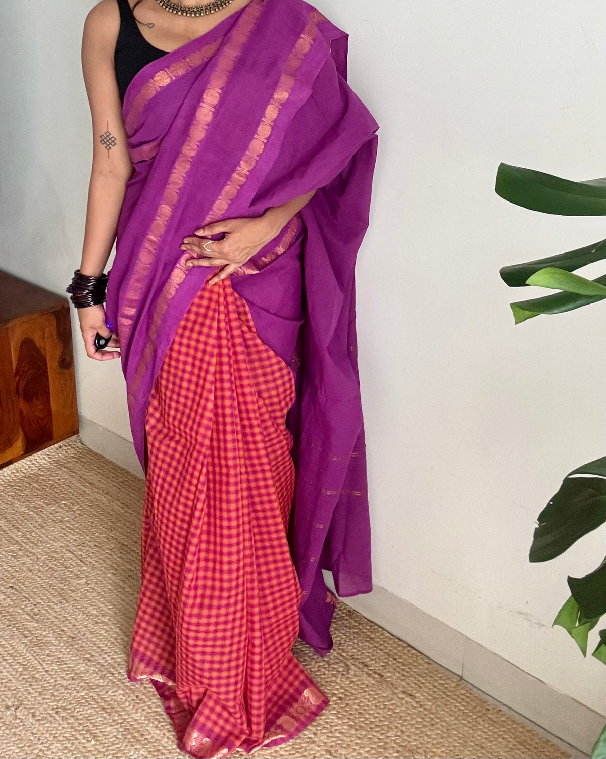 Purple with orange and magenta, sungudi and chettinad cotton half-half saree - YCCOTNIDOC37