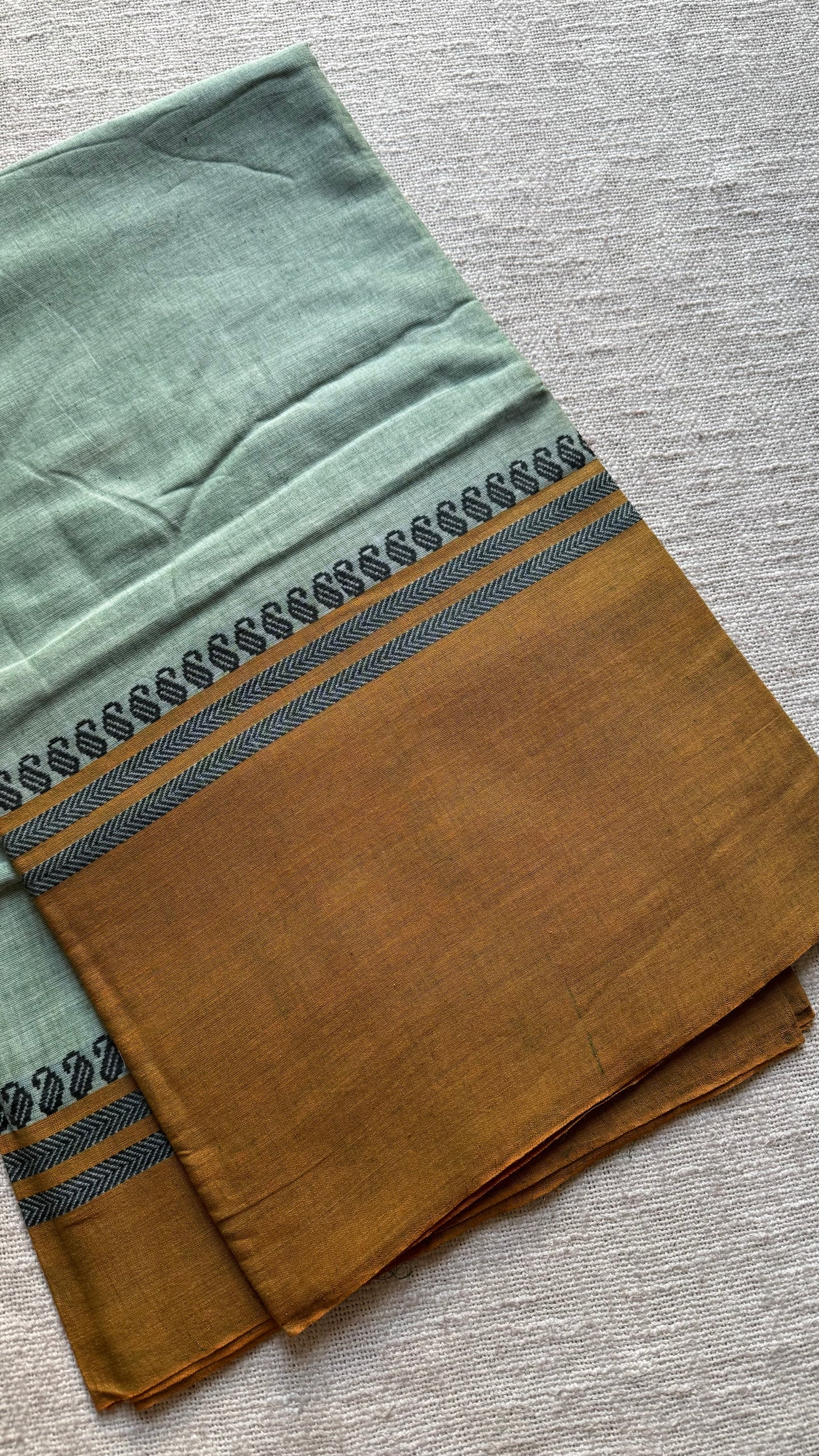 Dhonekhali handloom soft cotton saree, sage green with light brown border - YCBCDFE255