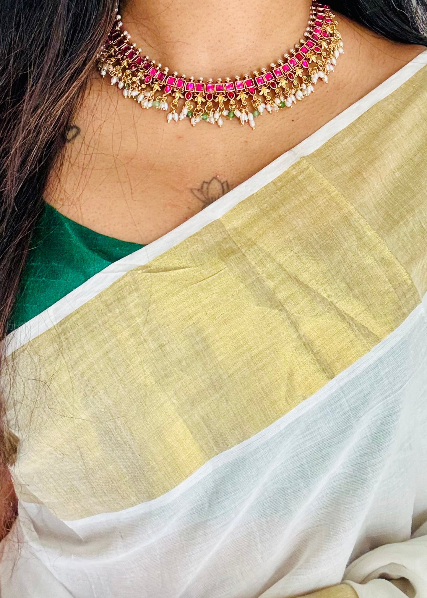 Ruby green necklace with rice pearl drops, with earrings - YCGPNP735