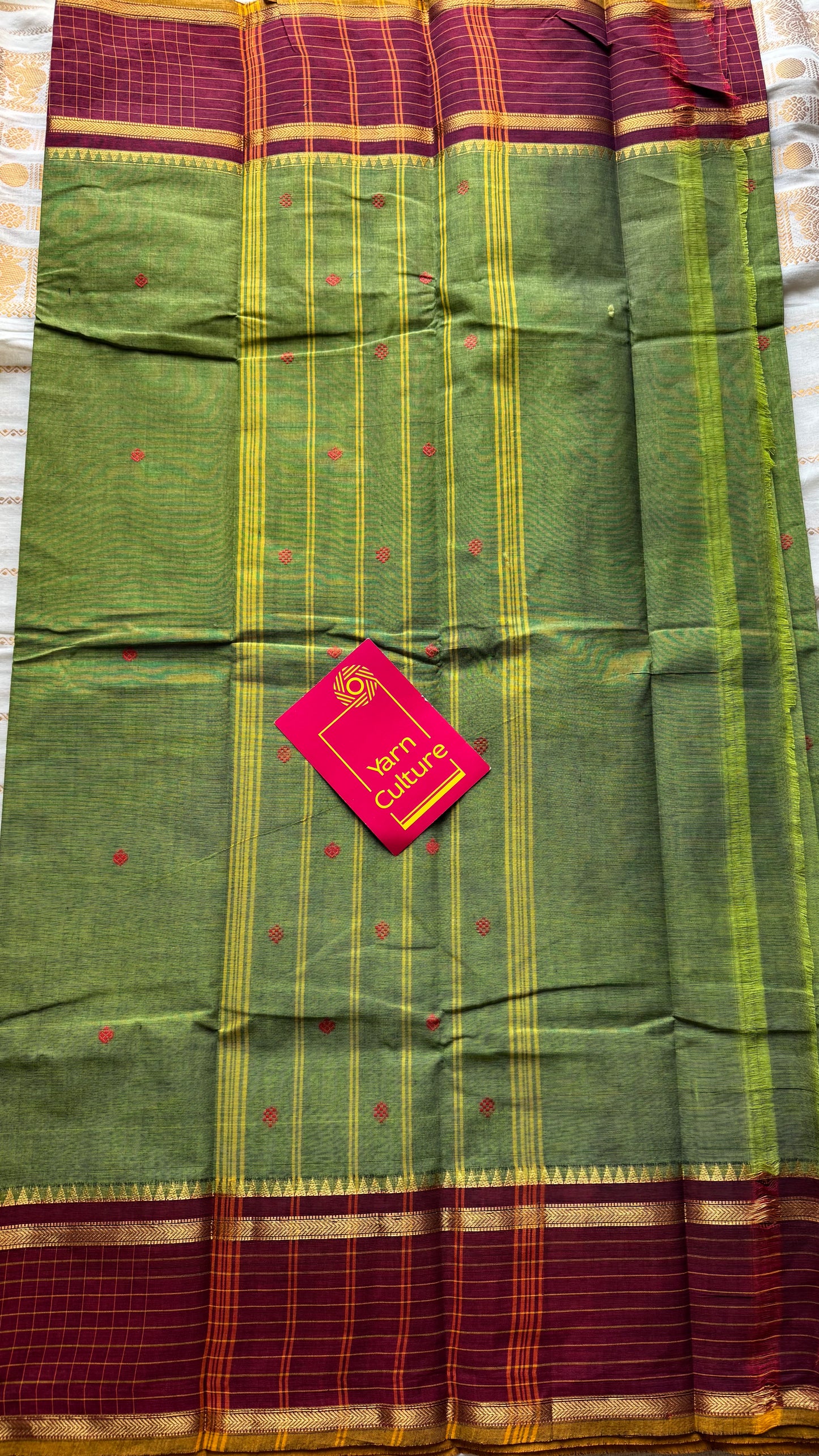 Green and maroon contrast, Chettinad cotton saree with checkered border  - YCCOTNMA271