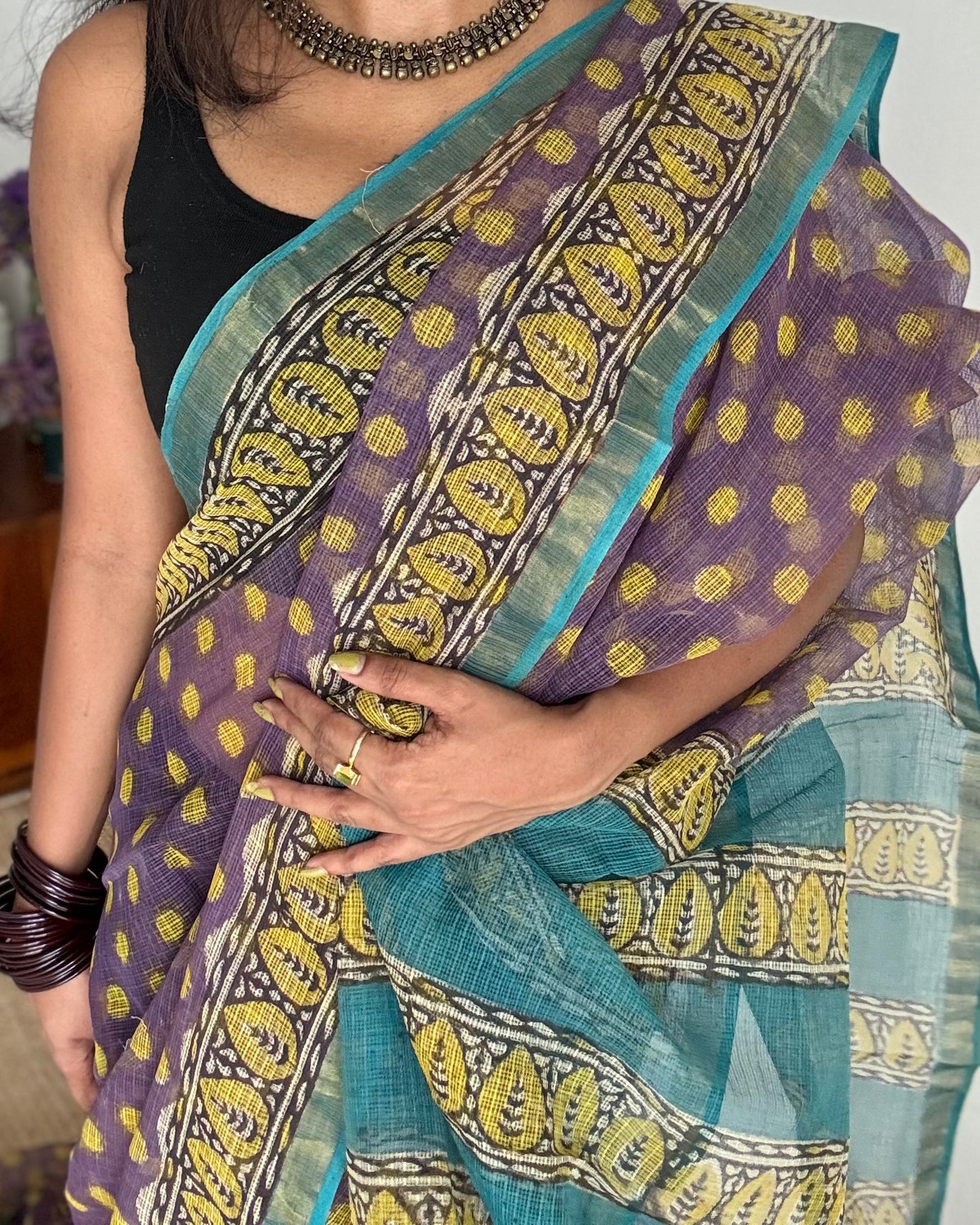 Jamun Gola - Purple with yellow kota doria, with gold zari border - YCTORKDAP13