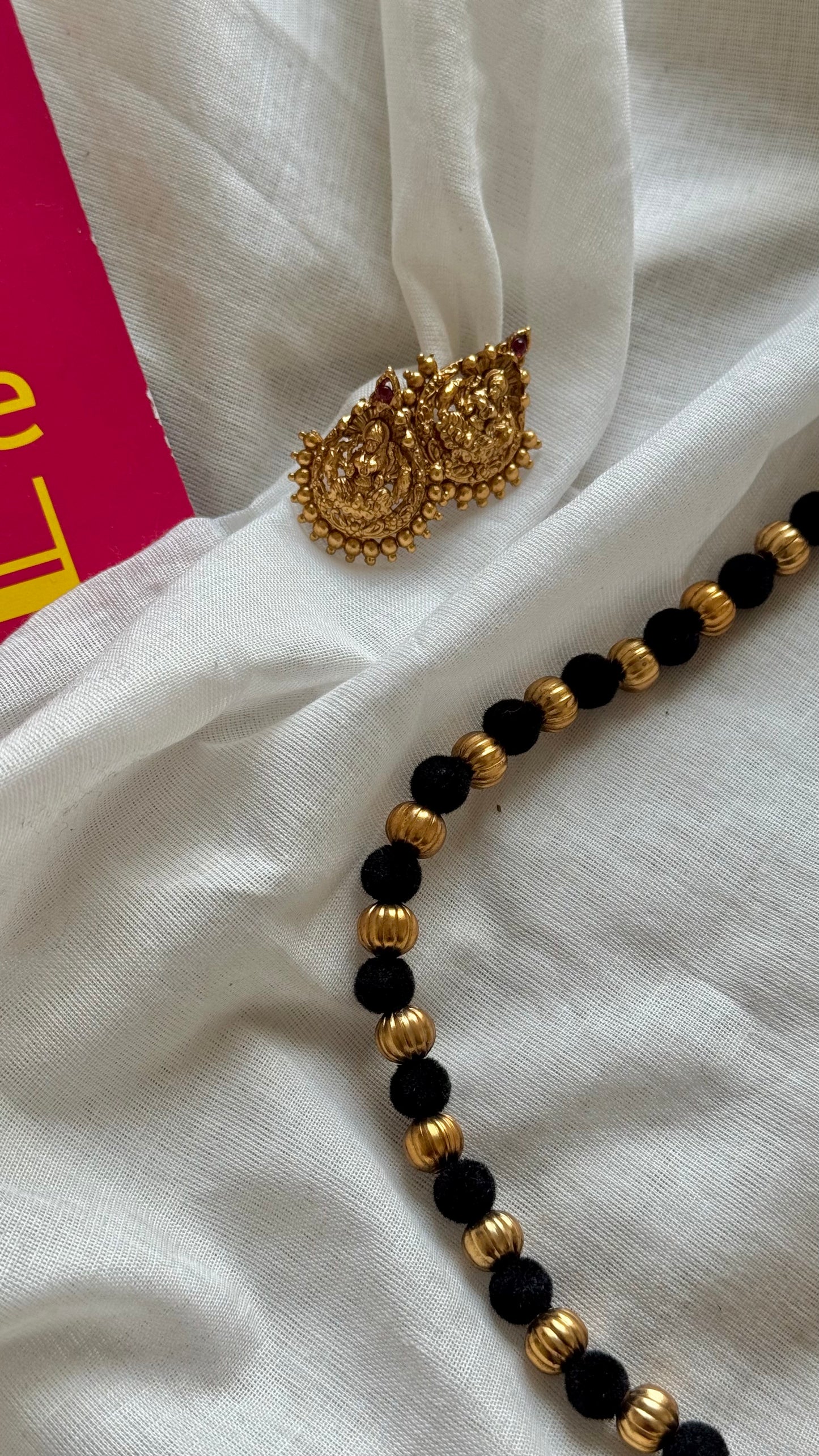 Black with gold beads, temple pendant in antique gold finish neckpiece - YCGPNP645