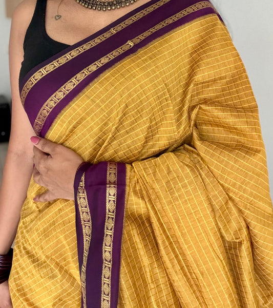 Yellow with wine contrast arani checkered saree, cotton silk - YCCOTNMA278