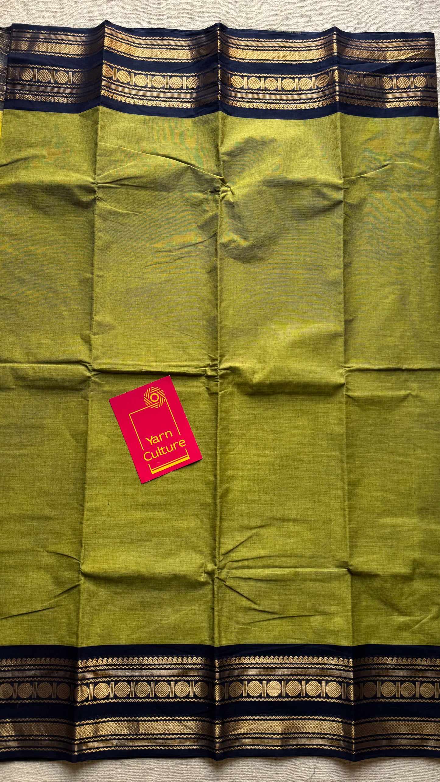 Light green with dark blue contrast border, kanchi cotton - YCCOTNKCDE85