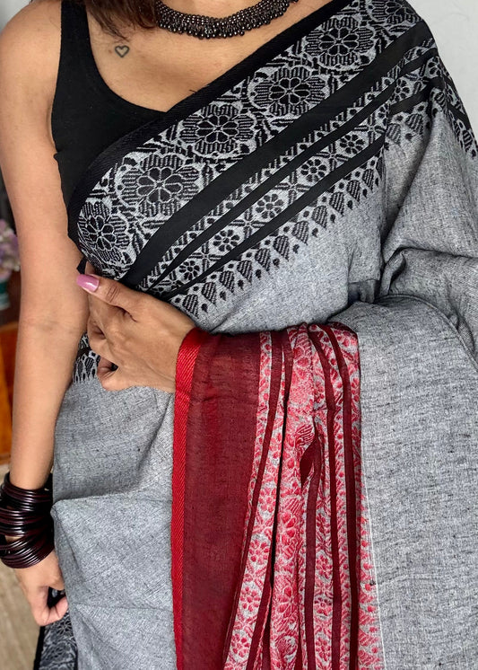 Grey with red and black threadwork, begampuri soft cotton - YCBCBPJA201