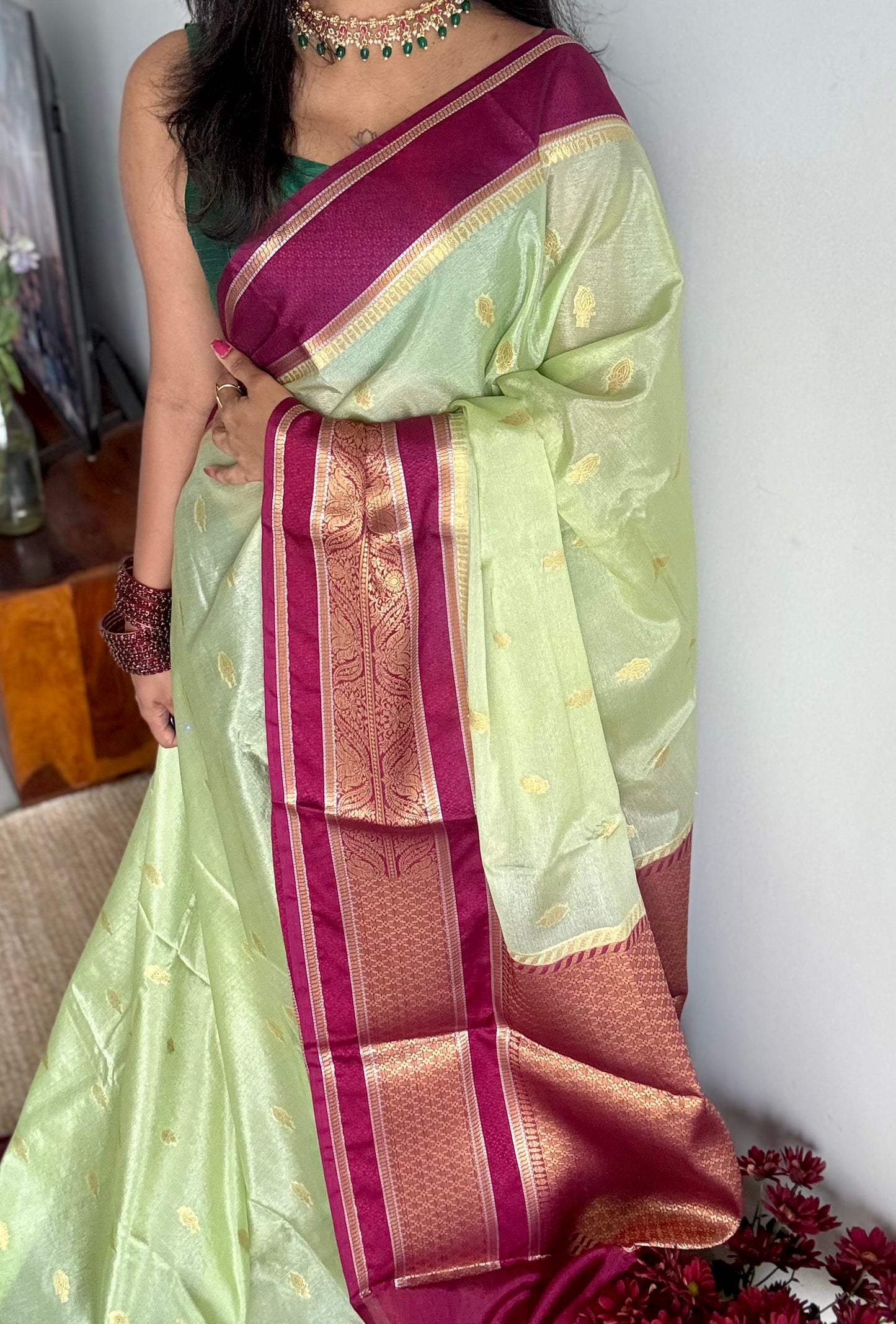 Pista green with maroon border, Banarasi semi-silk - YCDESE05