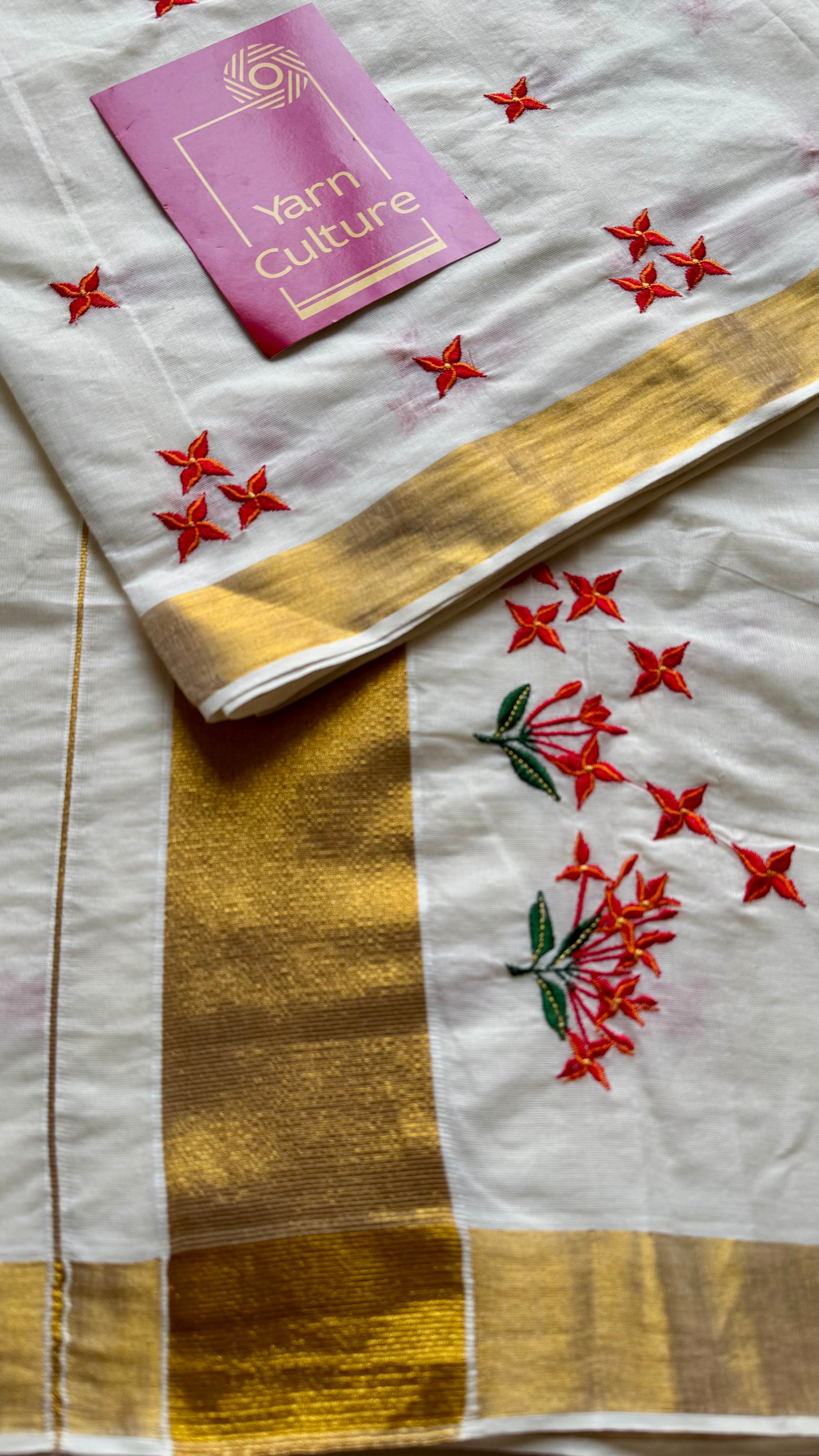 Nandana : Chethi/Thechi - orange red floral embroidery, ivory & gold, soft cotton - YCIEON165