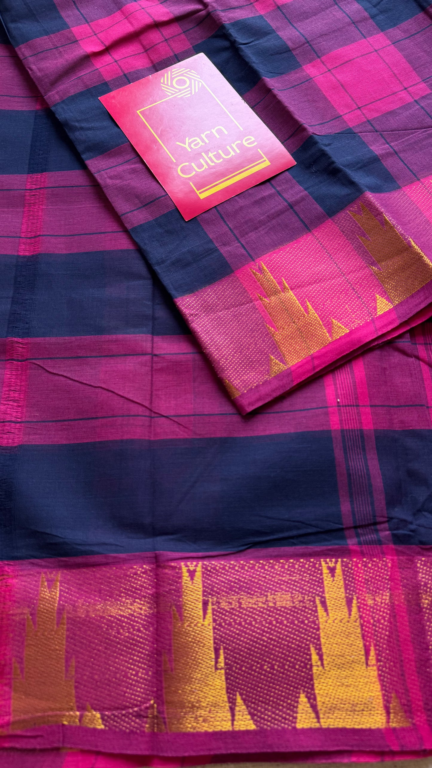 Chettinad cotton saree with pink and navy checks, temple motif border - YCCOTNAP58