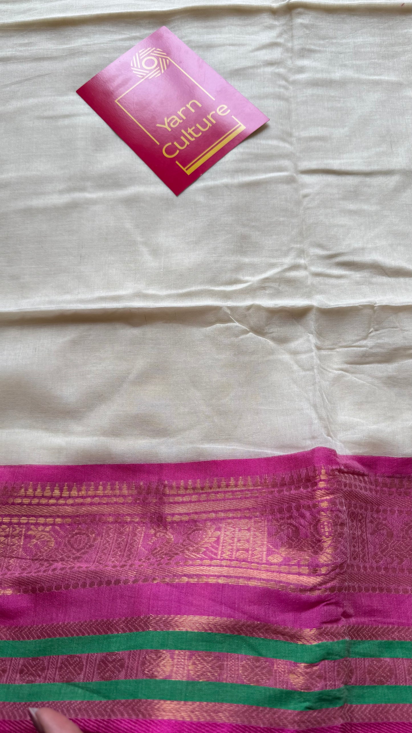 Ivory mul saree, magenta and green kanchi border - YCIEON10