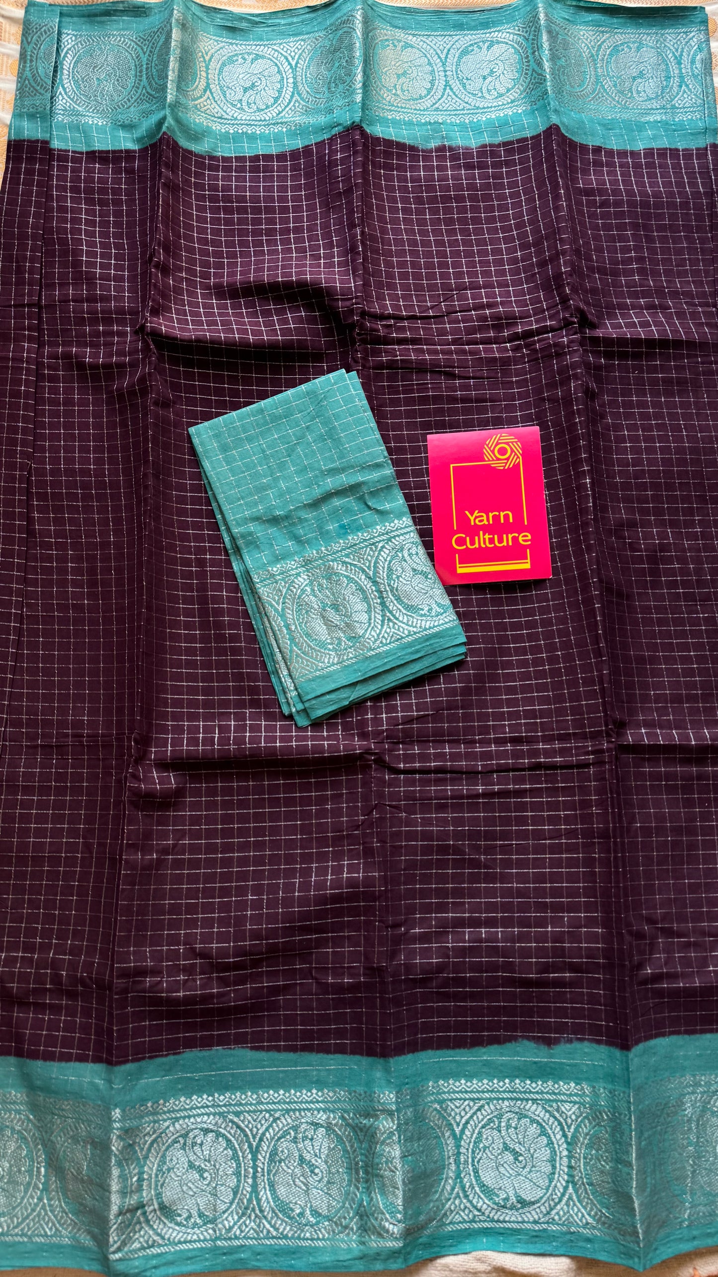 Purple brown with turquoise, silver zari checkered sungudi, kattuchayam dyed madurai cotton - YCCOTNMSAP106