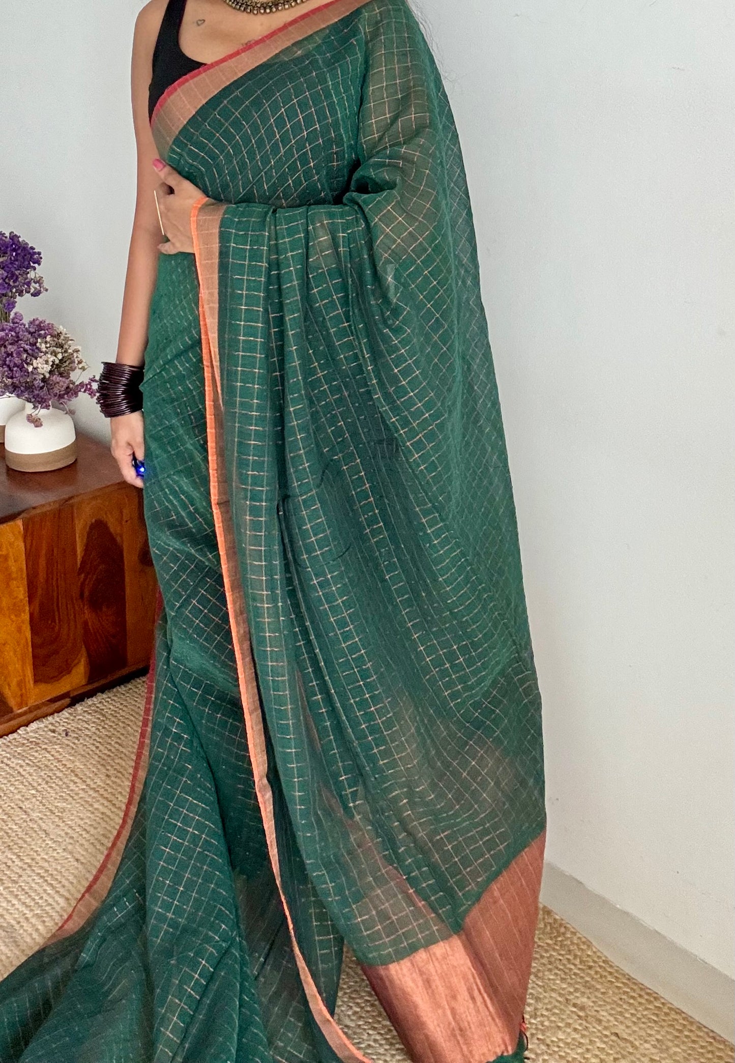 Green linen by cotton saree, gold checks & copper zari pallu - YCBCLCAP56b