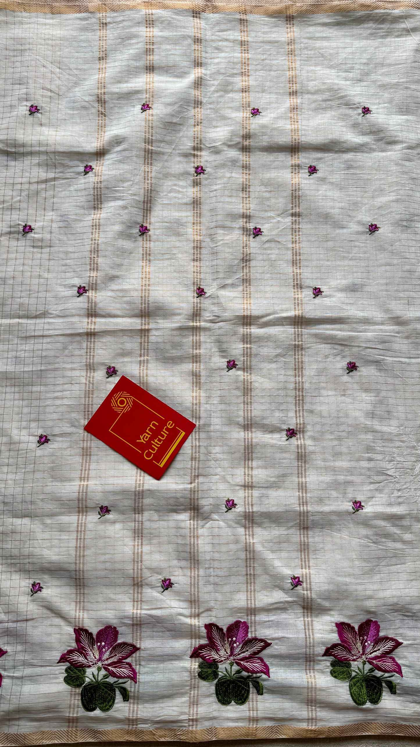 Sruthi : Mandaram - purple pink floral embroidery, ivory & gold, soft cotton in mini checks - YCIEON166