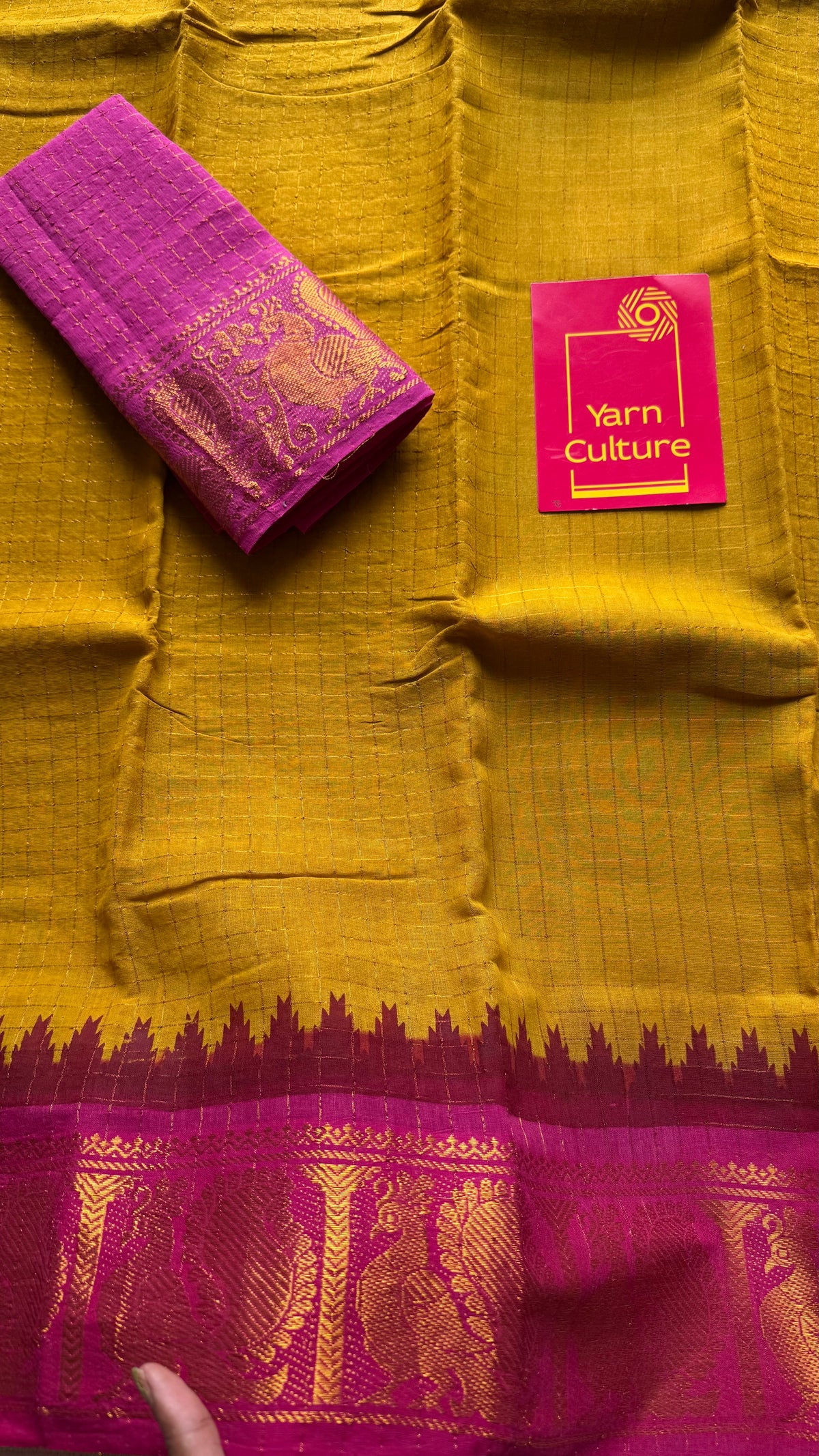 Sungudi cotton checks, mustard yellow base, blue and hot pink dual tone border, soft cotton - YCCOTNMSSE10
